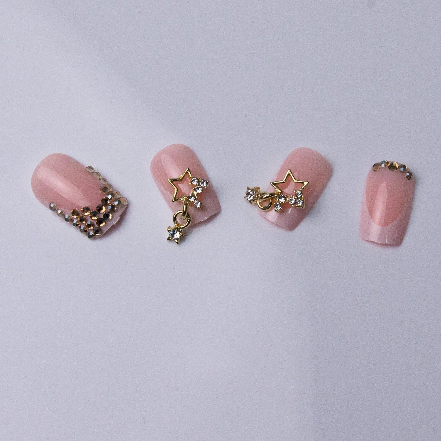 French Tip Press on Nails Square Fake Nails Gold Rhinestones False Nails with Gold Stars Charms Design Artificial Full Cover Glue on Nails for Women Manicure 24Pcs