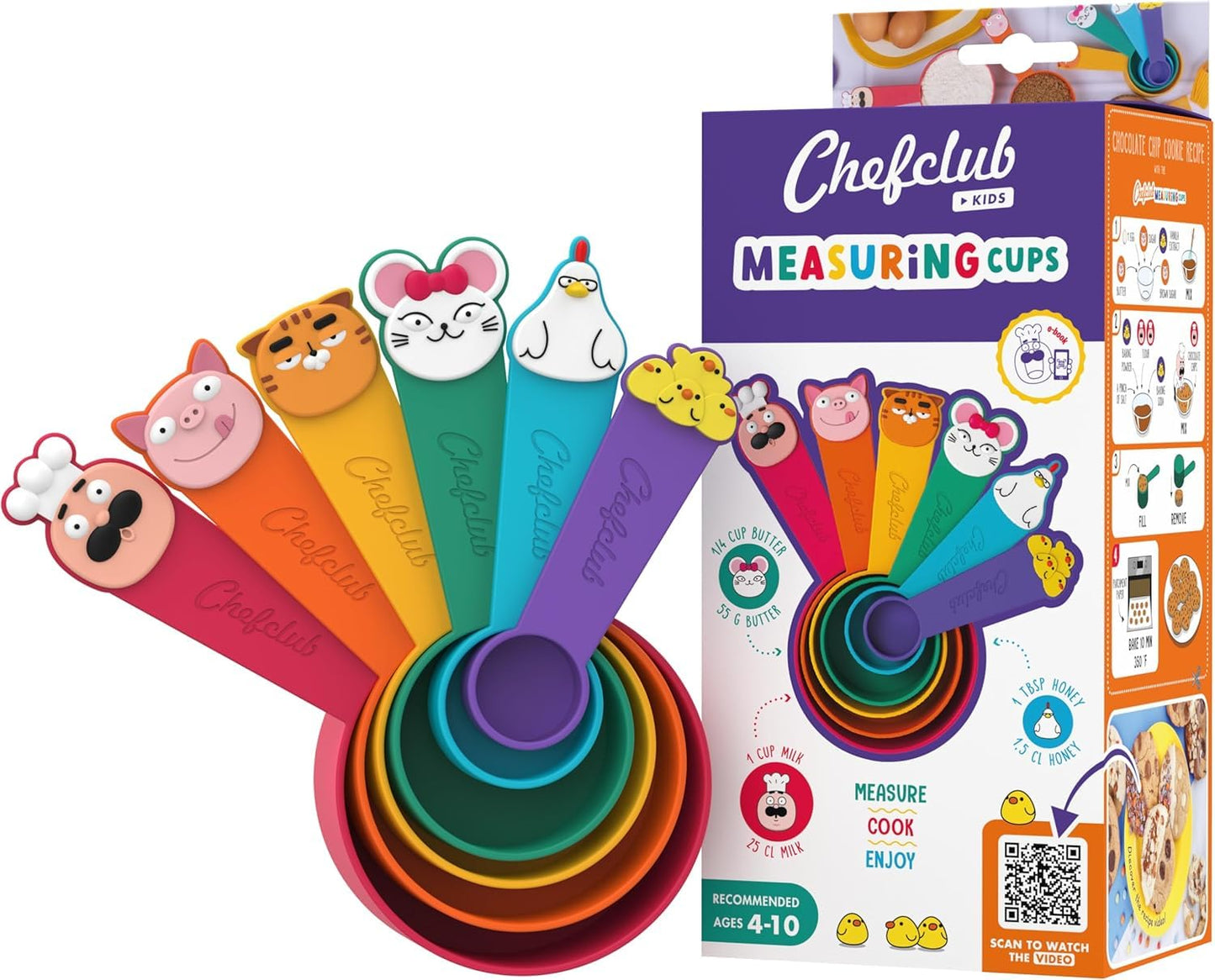Chefclub Kids E-Book Starter Kit - Illustrated Multi-Language Recipe eBook with BPA-Free Color-Coded Measuring Cups, Montessori-Inspired Learning Tool for Cooking & Baking Dry or Liquid Ingredients