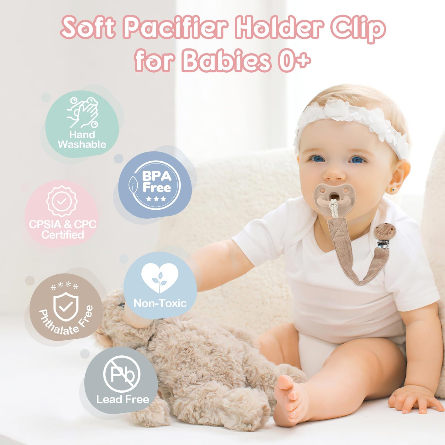 TYRY.HU Ribbon Pacifier Clip Holder,4 Pack Binky Paci Holder Clips, Pacifier Leash for Boys and Girls,Fabric Pacifier Strap Universal Fits for Most Pacifier, Styles & Teethers(Khaki,Grey,Blue,Pink)