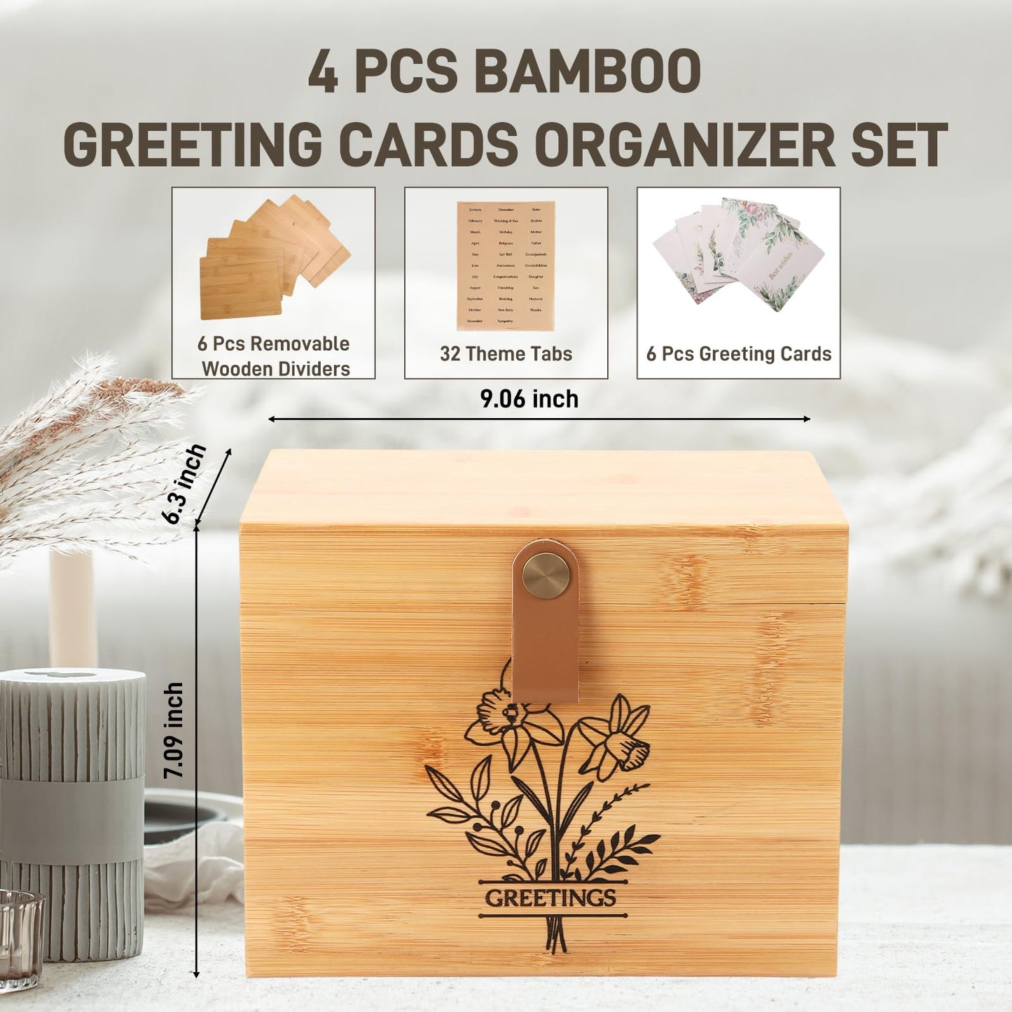 Large Bamboo Greeting Card Organizer Box with 6 Removable Dividers, Real Leather Handle, 100% Handmade Solid Bamboo, Storage Box for Christmas, Valentine, & Birthday Cards, Postcards, Stationery