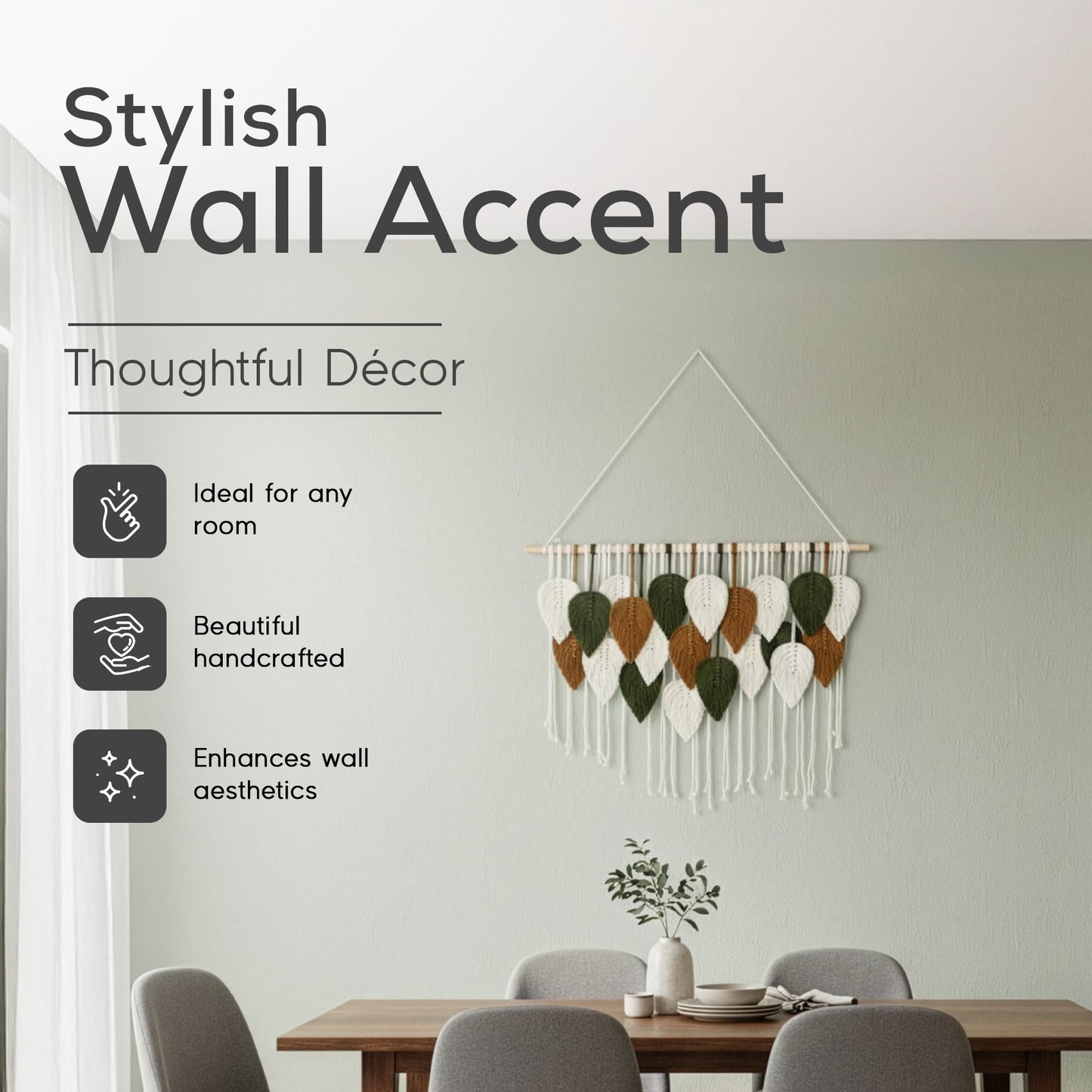 Large Macrame Wall Hanging Decor – Handmade Cotton Cord Boho Room Decor for Bedroom, Nursery, Office – 39” W x 29.5” L (Green, Brown, White)