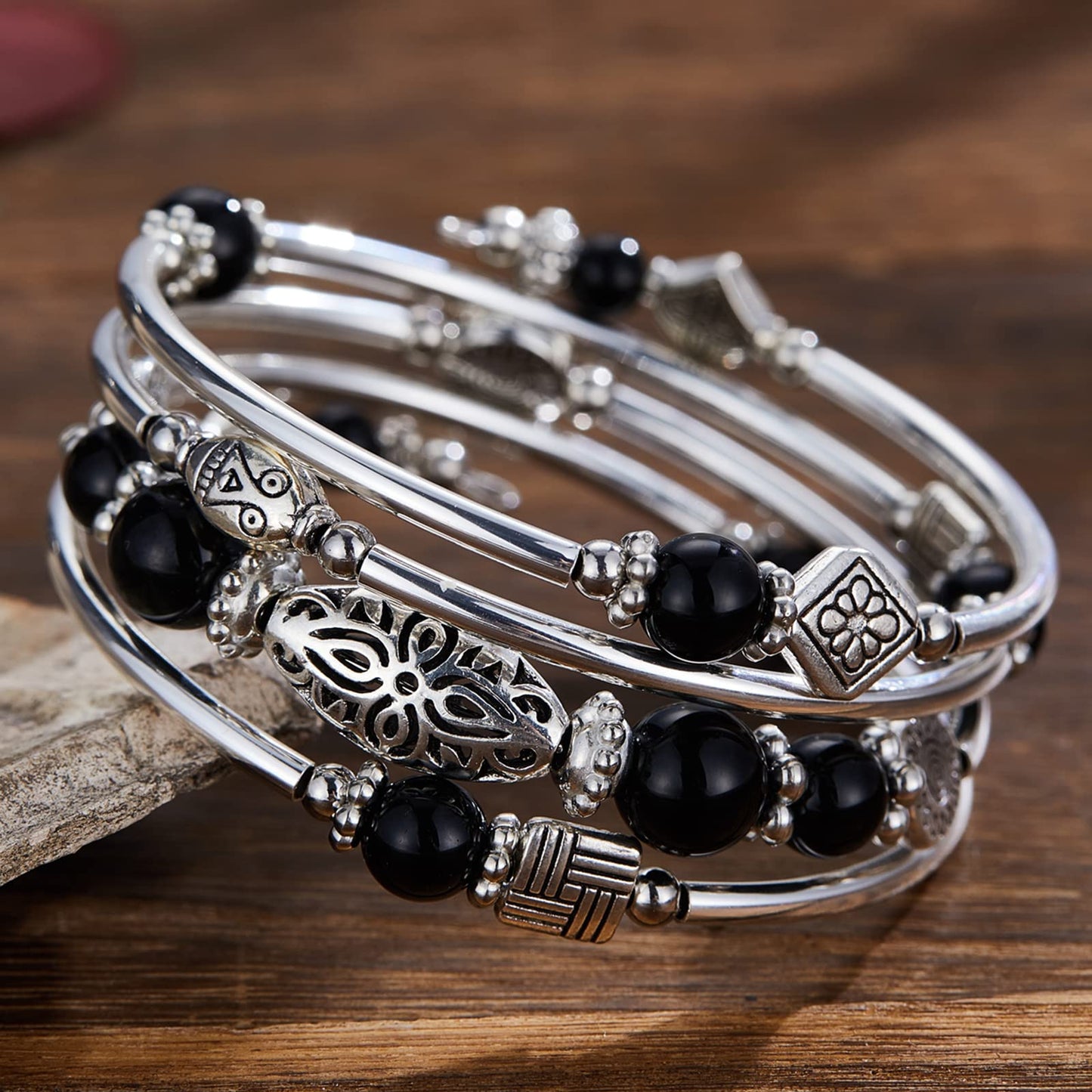 Layered Wrap Bangle Turquoise Bracelet - Bead Bracelet with Natural Agate Stone, Gifts For Women (03-Black)
