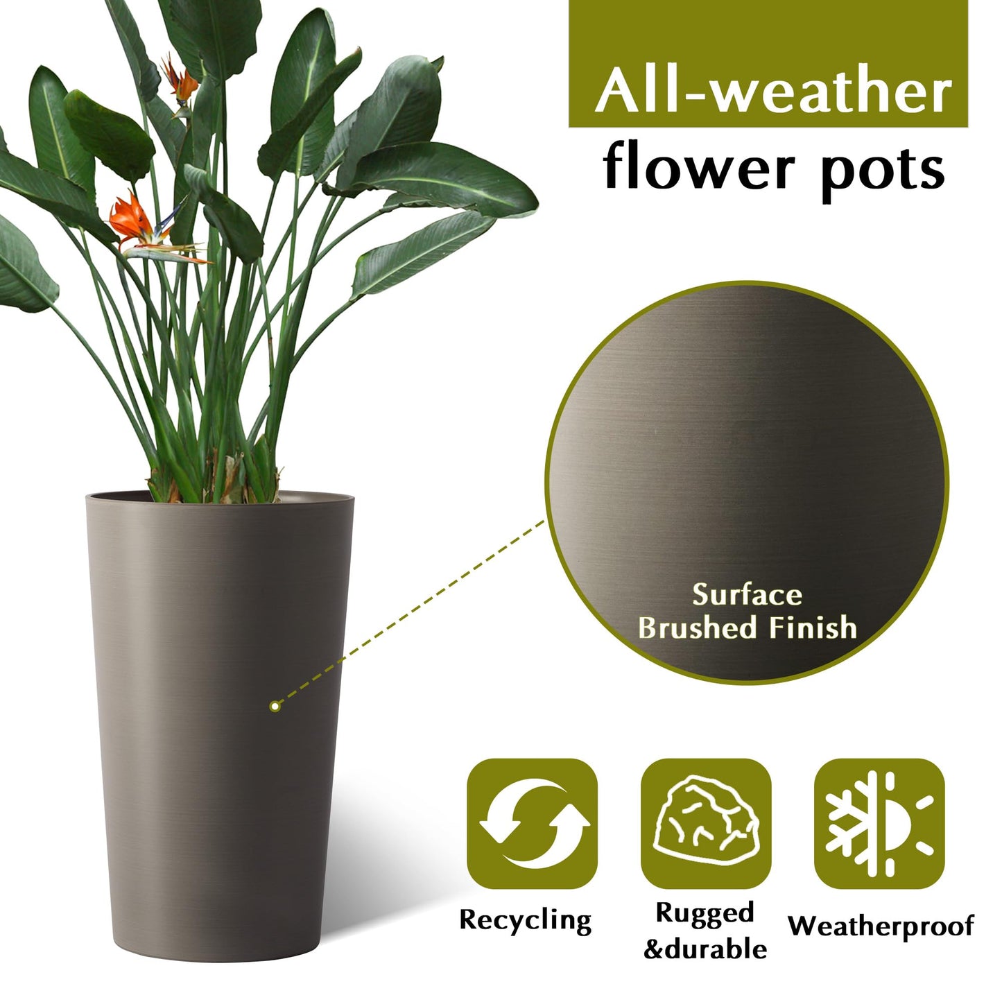 GDFStudio 21.7" Tall Planters Set of 2, Large Planter Pots with Drainage Holes, UV and Crack Resistant, Modern Matte Finish for Indoor Outdoor Balcony Patio Garden, Brown