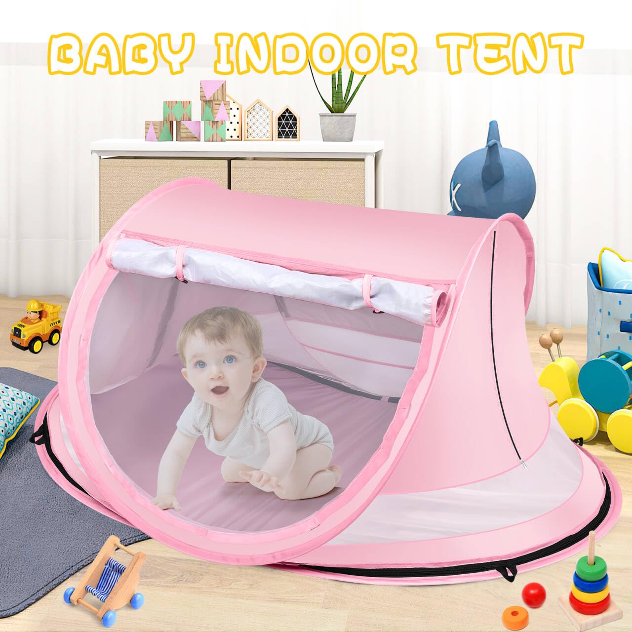 Baby Beach Tent, Large Pop Up Beach Tent Sun Shade with Mosquito Net, UPF 50+ UV Protection Sun Shelter (Pink)