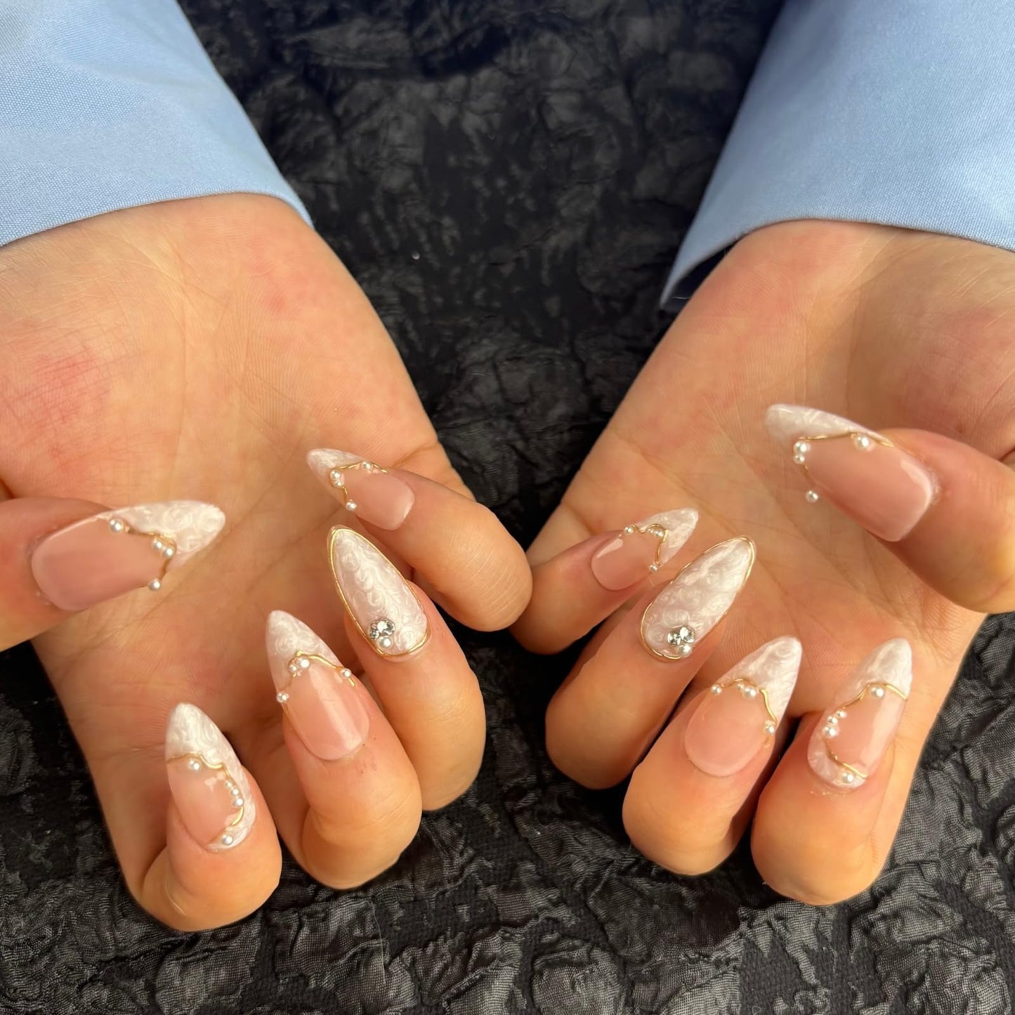 AKA Unicorn Large Handmade Press On Nails Short Almond,Nude Pink Acrylic Nails,Luxury Nail Press On with Charm Pearl Design for Wedding&Party Wear-True Love Design Concept