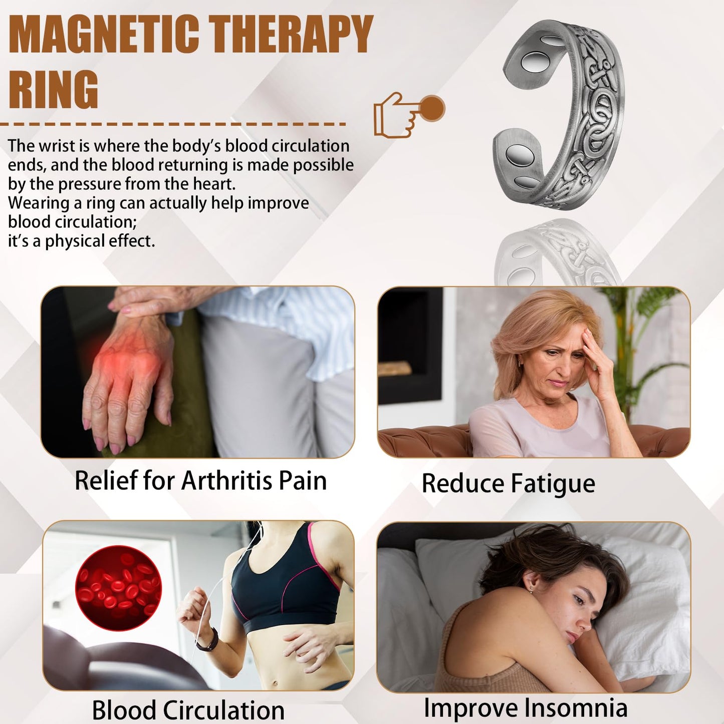 Pure Copper Ring for Women, Magnetic Rings with Magnets Jewelry (Copper Ring B)
