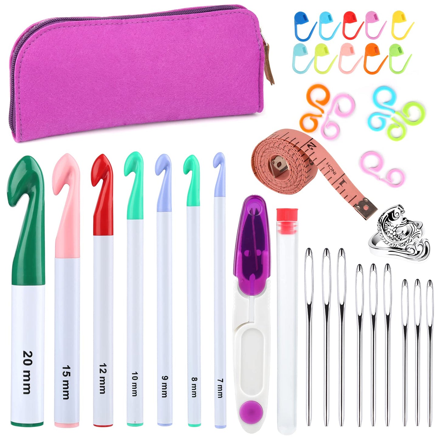 7 Sizes Crochet Hooks Set (7mm-20mm) with 9 Pcs Large-Eye Blunt Needles, Huge Plastic Crochet Hook Crochet, Adjustable Knitting Loop, Extra Large Crochet Hook for Yarn Weaving Craft Tools