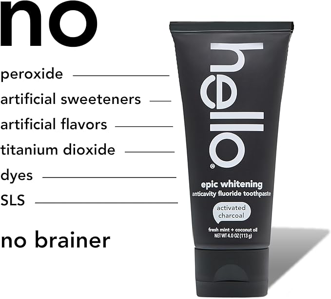 Hello Activated Charcoal Toothpaste, Fluoride Toothpaste with Activated Charcoal, Teeth Whitening Toothpaste with Fresh Mint and Coconut Oil, No SLS, Vegan, Gluten Free, 3 Pack, 4 OZ Tubes