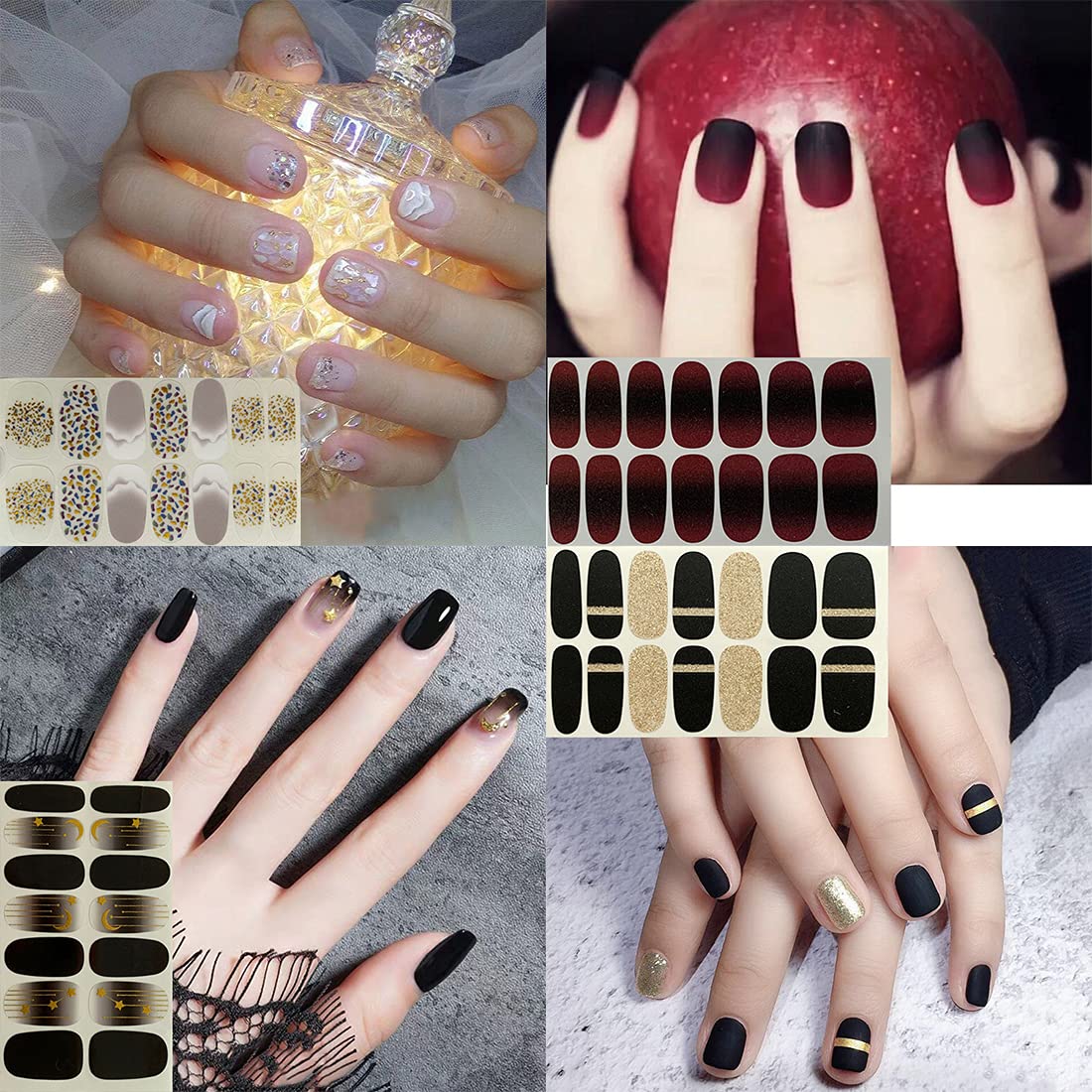 XEAOHESY 30 Sheets Glitter Nail Strips Sequin Gold foil Design Nail Polish Strips Stickers Self-Adhesive Blooming Gradient Color Nail Wraps for Women Nail Art + Nail File