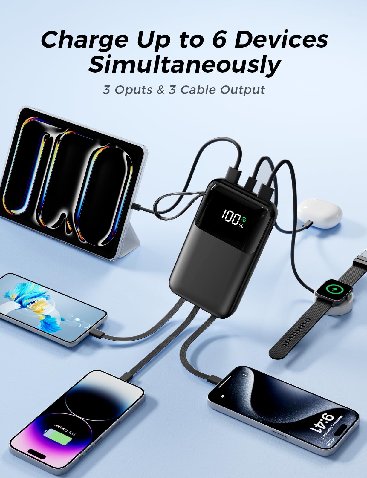 Power Bank, 15000mAh Portable Charger with Built in Cable, 22.5W Fast Charging, 6 Outputs, Slim Travel Essential Battery Pack with LED Display, Compatible with iPhone 17/16/15/14/13, iPad Black