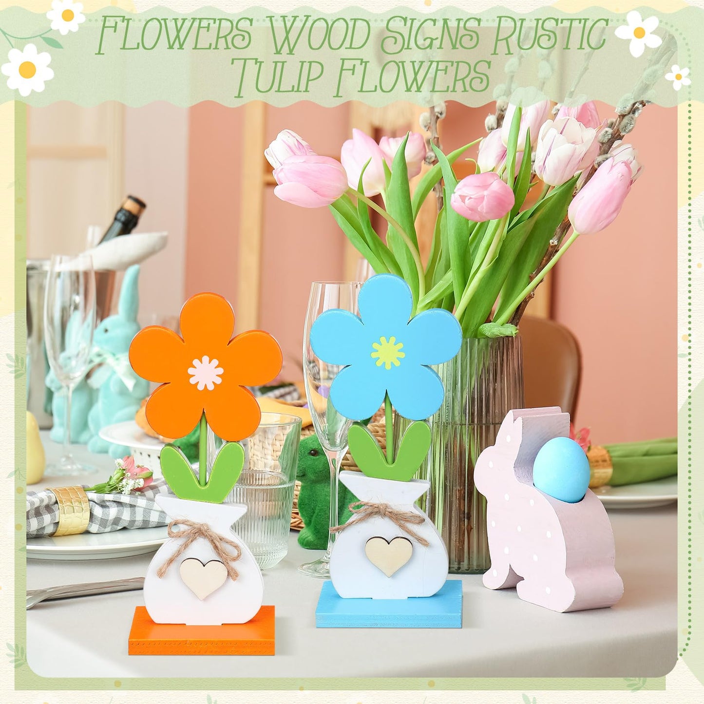 Yerliker 5 Pcs Spring Decorations Flower Butterfly Tiered Tray Wood Table Signs Rustic Table Centerpieces Spring Shelf Sitter Decor Farmhouse for Home Housewarming DIY Craft(Flower)