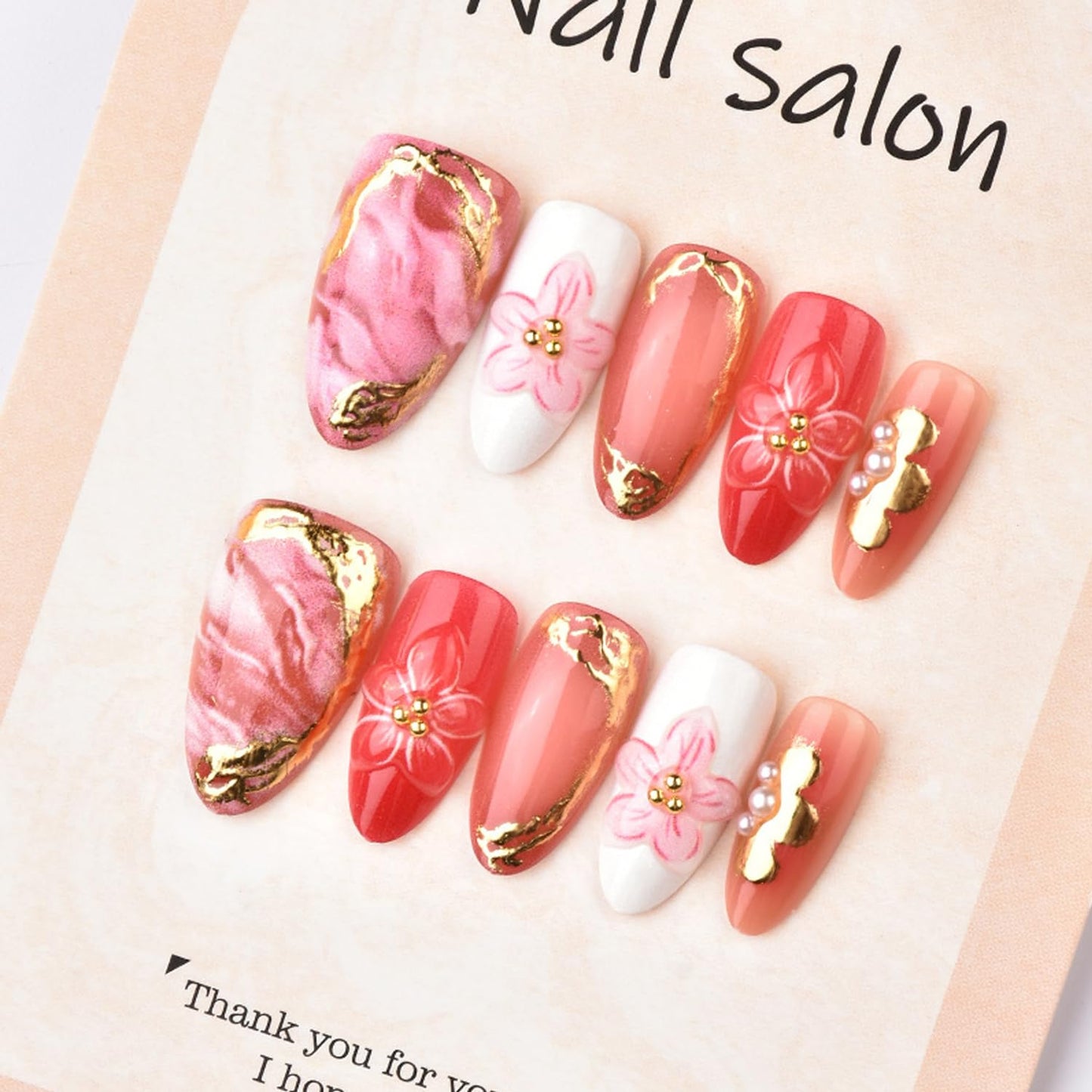 30pcs French Tip Press on Nails Medium Almond Fake Nails with 3D Flower Gold Beads Designs Lrregular Gilded Floral False Nail Cute Acrylic Nails Kit Pink Full Cover Glue on Nail for Women DIY Decor