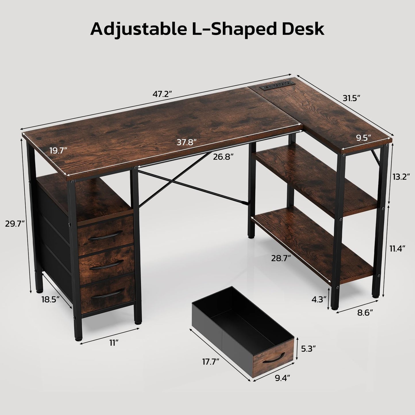 Simple Deluxe L Shaped Gaming Desk with Power Outlets, 47 Inch Computer Desk with 3 Drawers, Shelves, Corner Computer Desk for Gaming, Corner Work, Home Office, Study, Rustic Brown