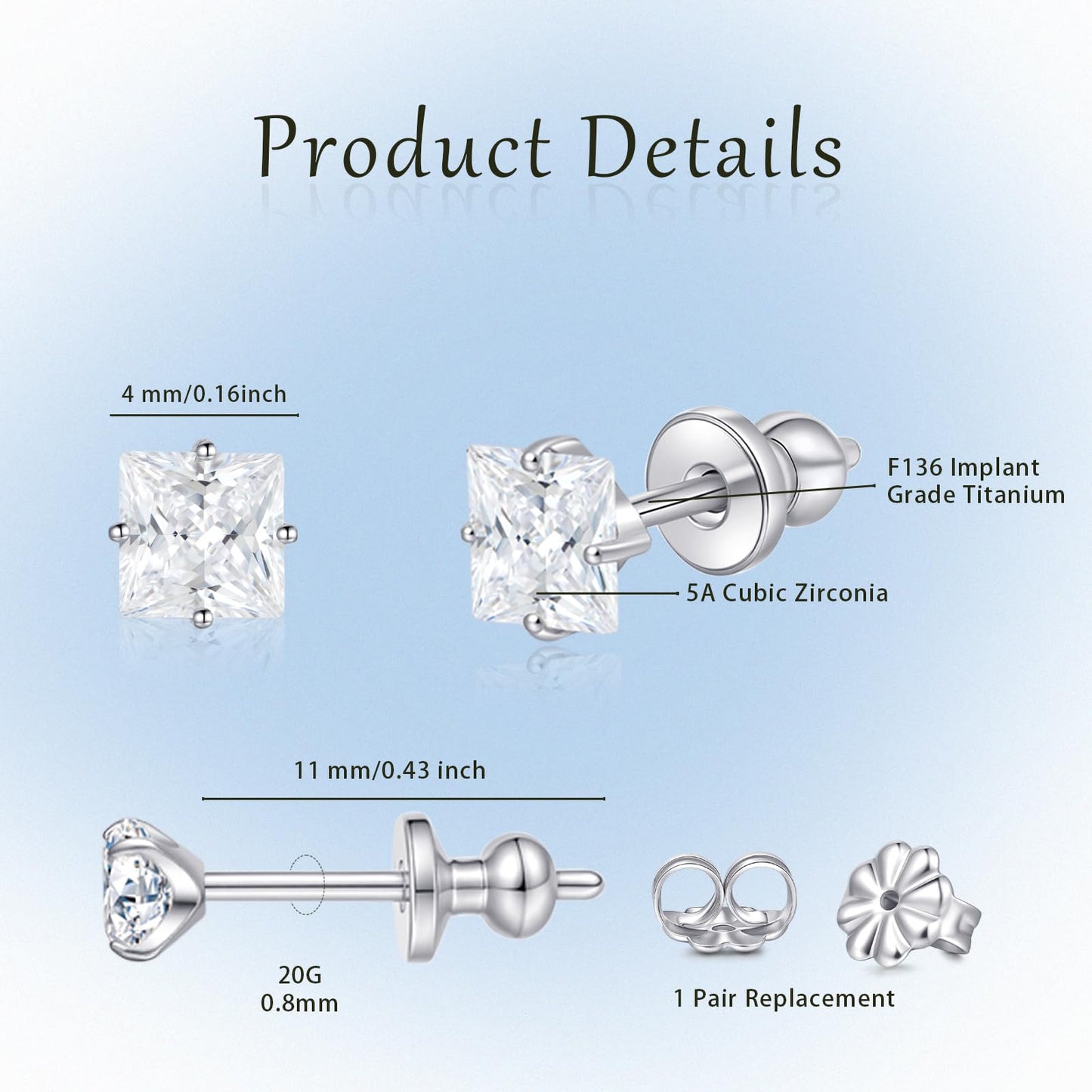 limerencia 18g Titanium Internally Threaded Tragus Piercing Jewelry CZ Top Flat Back Piercing Nose Studs Earring, Helix, Cartilage, Labret, Monroe for Women or Men (4mm, Clear White)