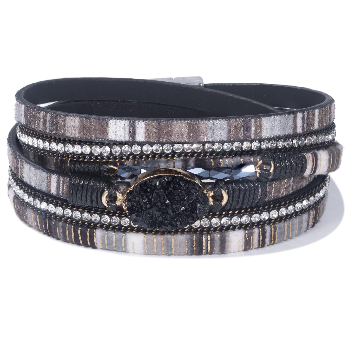 FANCY SHINY Boho Leather Wrap Bracelet Stackable Chunky Crystal Cuff Bracelets with Magnetic Clasp Cowboy Cowgirl Western Summer Beach Outfits Jewelry Gifts for Women (14.7", Boho Black)