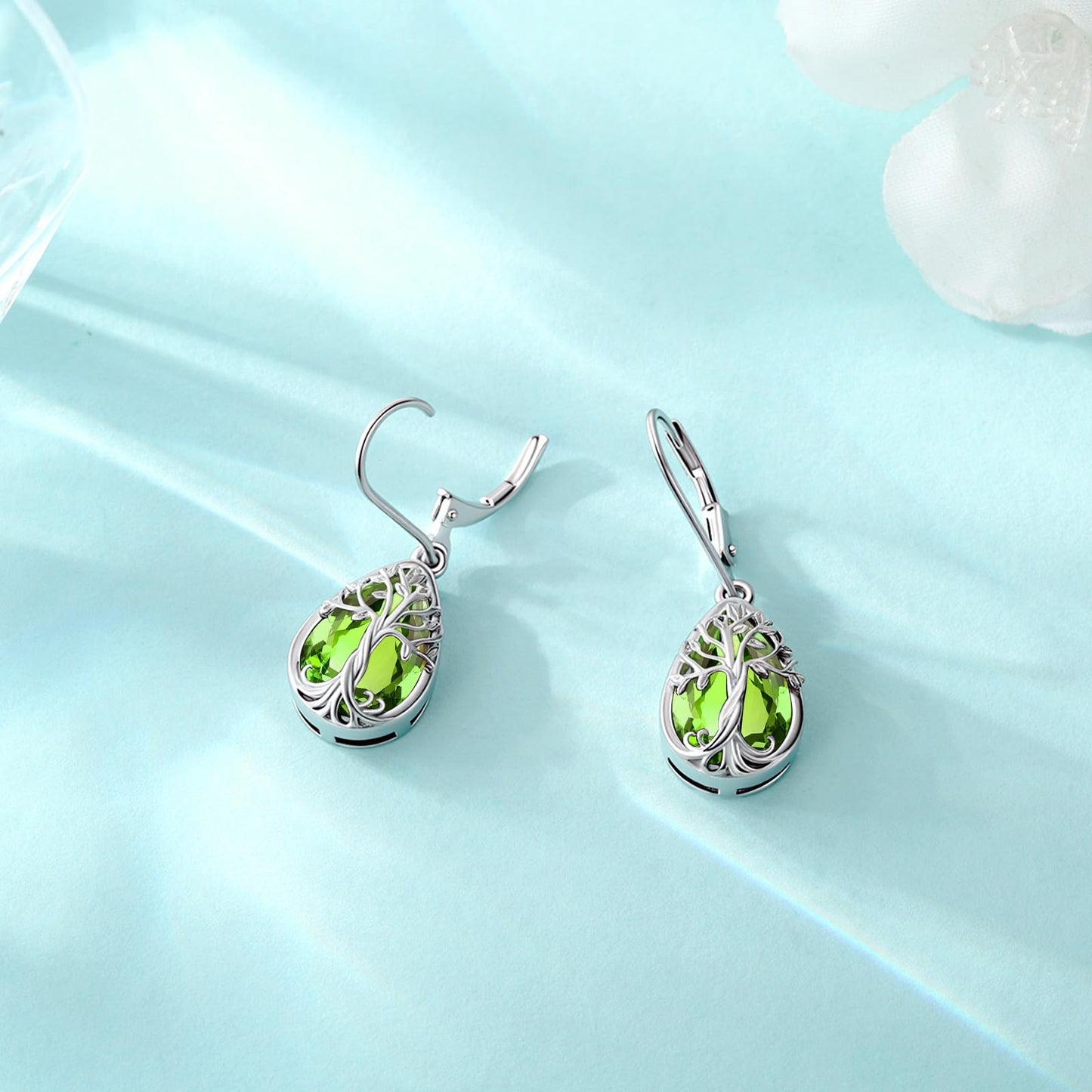 Eusense Teardrop Dangle Peridot Earrings 925 Sterling Silver Tree of Life August Birthstone Jewelry Leverback Drop Tree of Life Earrings for Women Gift
