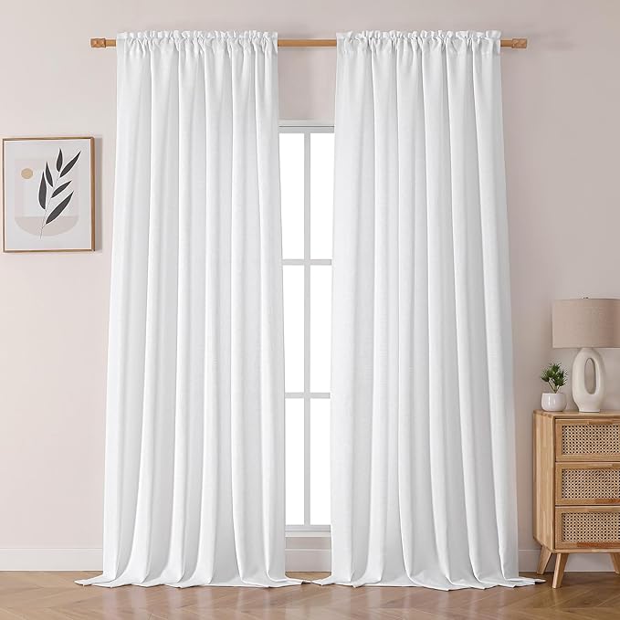 Chyhomenyc White Curtains 96 inch Length 2 Panels, Light Filtering Faux Linen Extra Wide Room Divider Patio Sliding Door Drapes, 8 FT, 60Wx96L, 2PCS