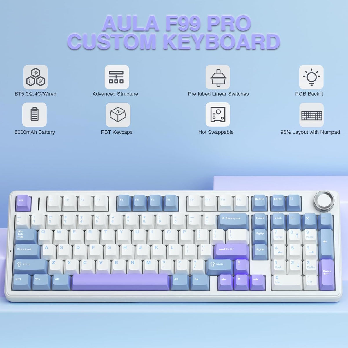 AULA F99 Pro Wireless Mechanical Keyboard with Knob,Tri-Mode BT5.0/USB-C/2.4GHz Hot Swappable Keyboard,Pre-lubed Switches,RGB Backlit Computer Gaming Keyboards (White&Blue&Purple)