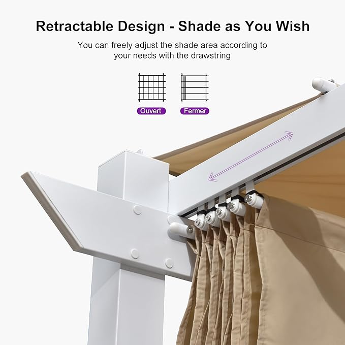 PURPLE LEAF 10' x 13' Aluminum Outdoor Pergola White Retractable Pergola with Double Sun Shade Canopy Wind-Resistant Heavy-Duty Metal Pergola for Patios Deck Backyard Garden, Khaki