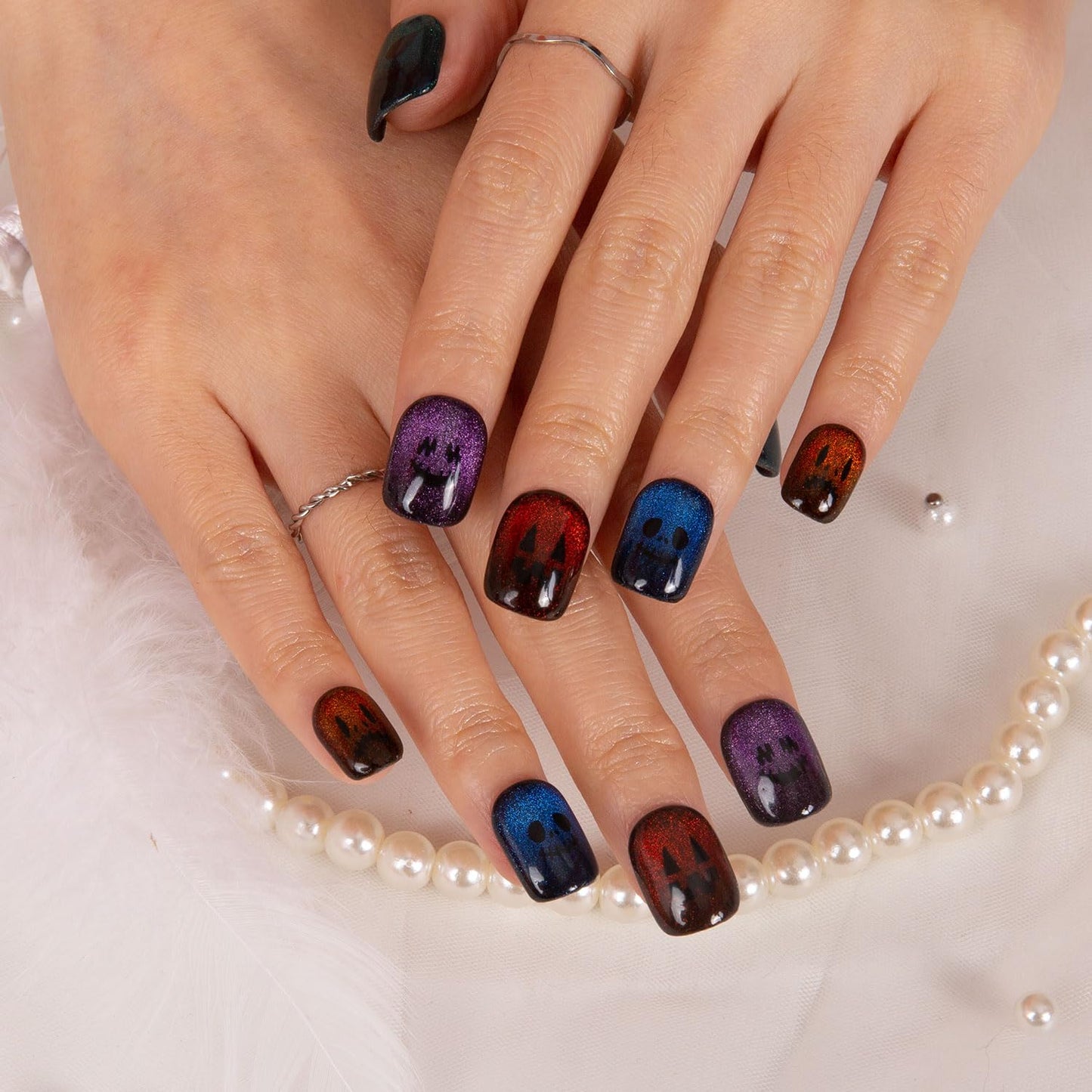 LOVFUL Press on Nails Spectral Jack-o'-lantern| Handmade with Full Covered Crystals | Reusable Fake Nails | Square Short 0.8 in | H336-S