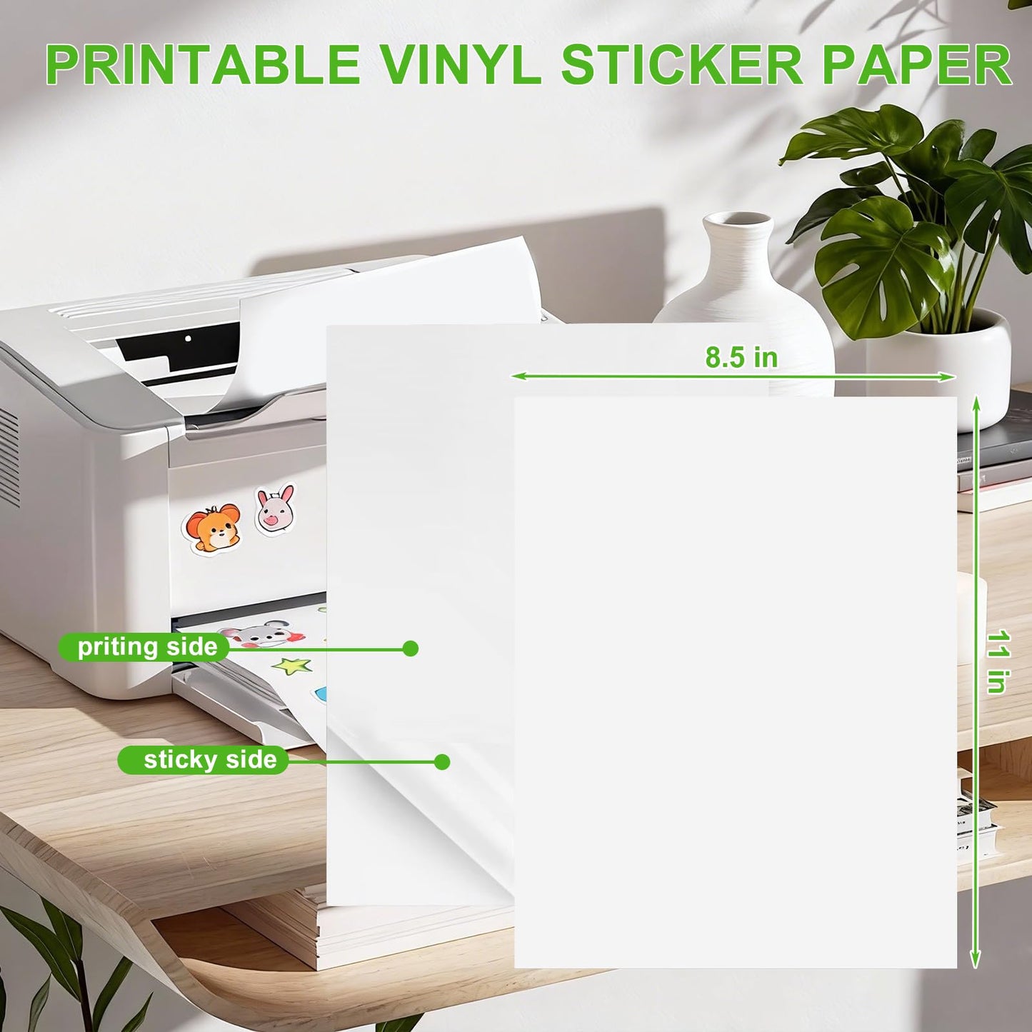 Printable Vinyl Sticker Paper - Waterproof Paper for Inkjet & Laser Printers, 100 Sheets 8.5 x 11 Inches Matte White Self-Adhesive Paper, Fast Dry for DIY Crafts, Labels and Decals