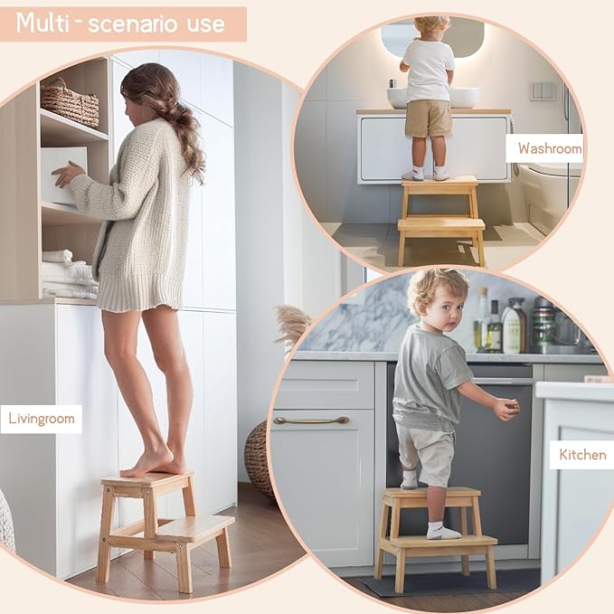 Adult & Child Wooden Two Step Stool ，Stepping Stool，Kids Step Stool Kitchen Step Stools for Bathroom– Perfect for Kitchen, Bathroom, Bedrooms & More (Wood Color)