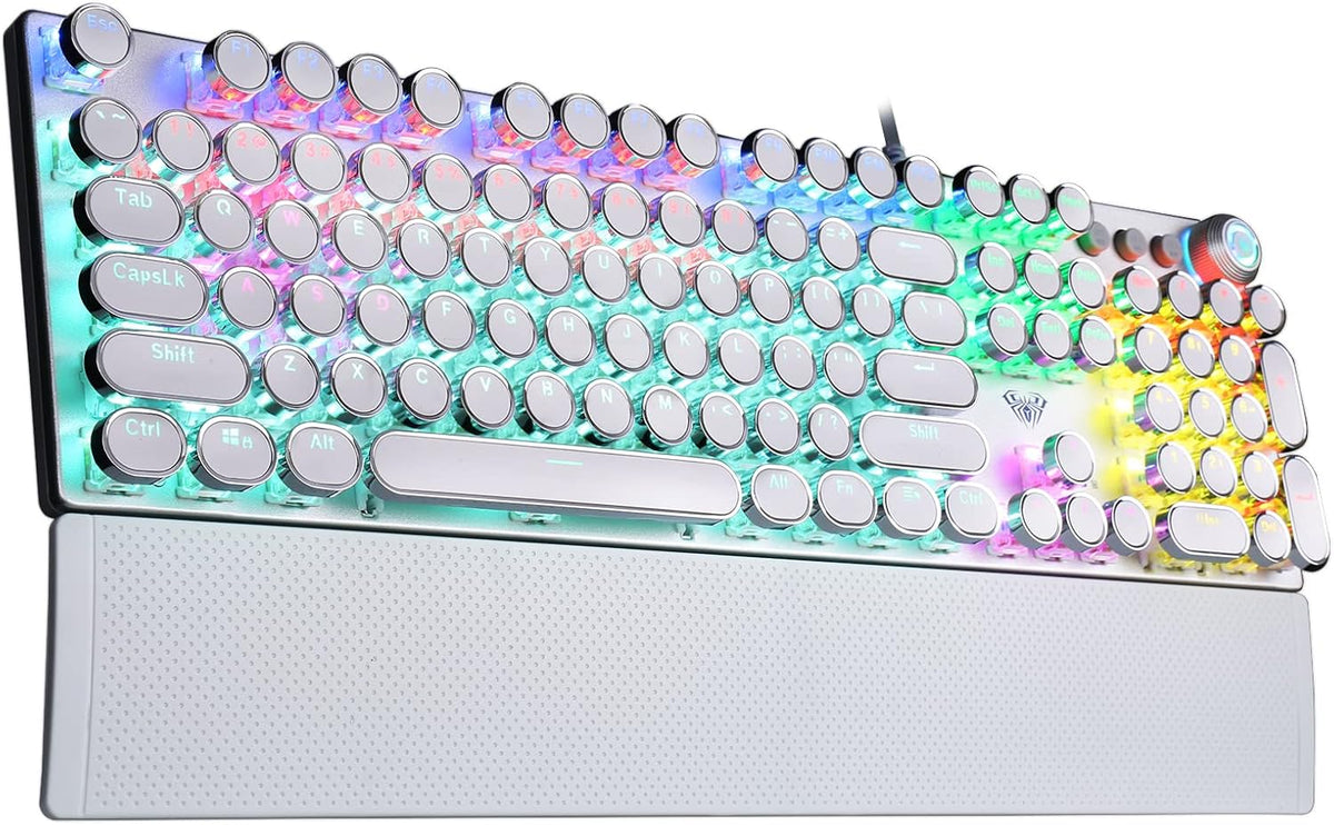 AULA F2088 Typewriter Style Mechanical Gaming Keyboard,Rainbow LED Backlit,Removable Wrist Rest,Media Control Knob,Retro Punk Round Keycaps,USB Wired Computer Keyboard,White