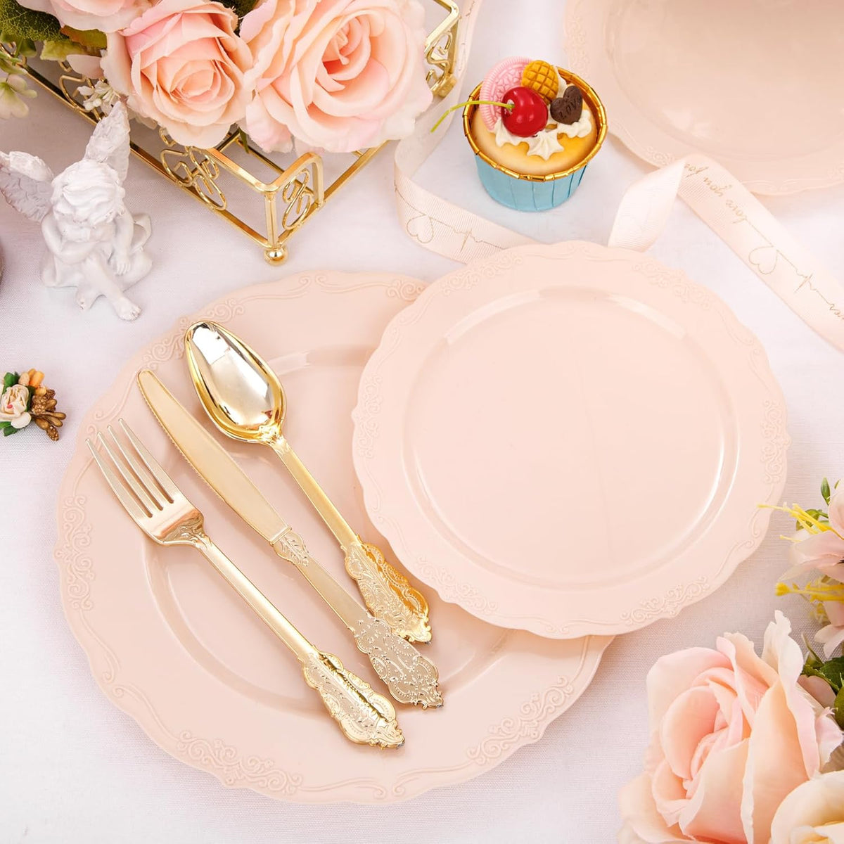 DaYammi 150Pcs Pink Plastic Plates & Gold Plastic Silverware,Pink Disposable Plates for Party Include 30 Dinner Plate,30 Dessert Plate,30 Gold Forks and 30 Spoons, 30 Knives for Wedding Bridal Shower
