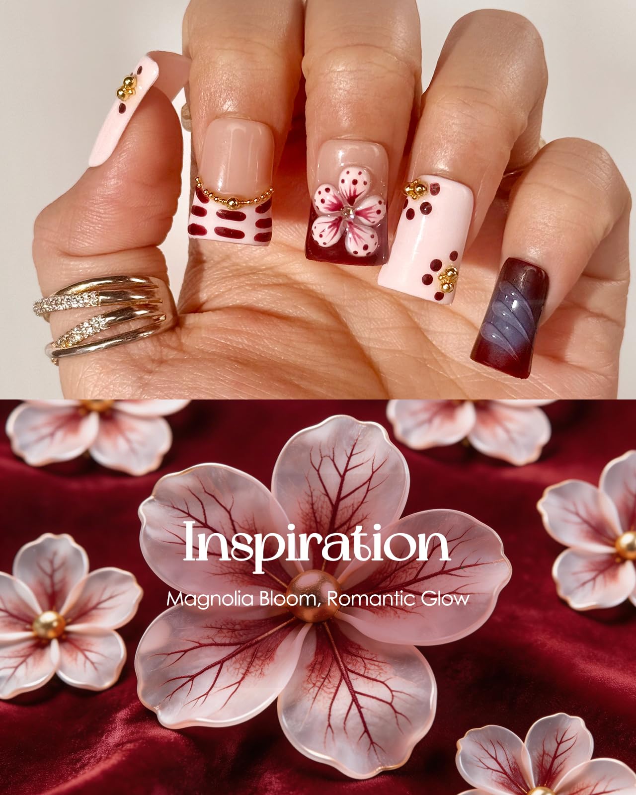 Buleens Handmade Press on Nails Acrylic Duck Nails-10pcs Short Elegant Burgundy Floral Gold 3D Fake Nails Kits with Glue