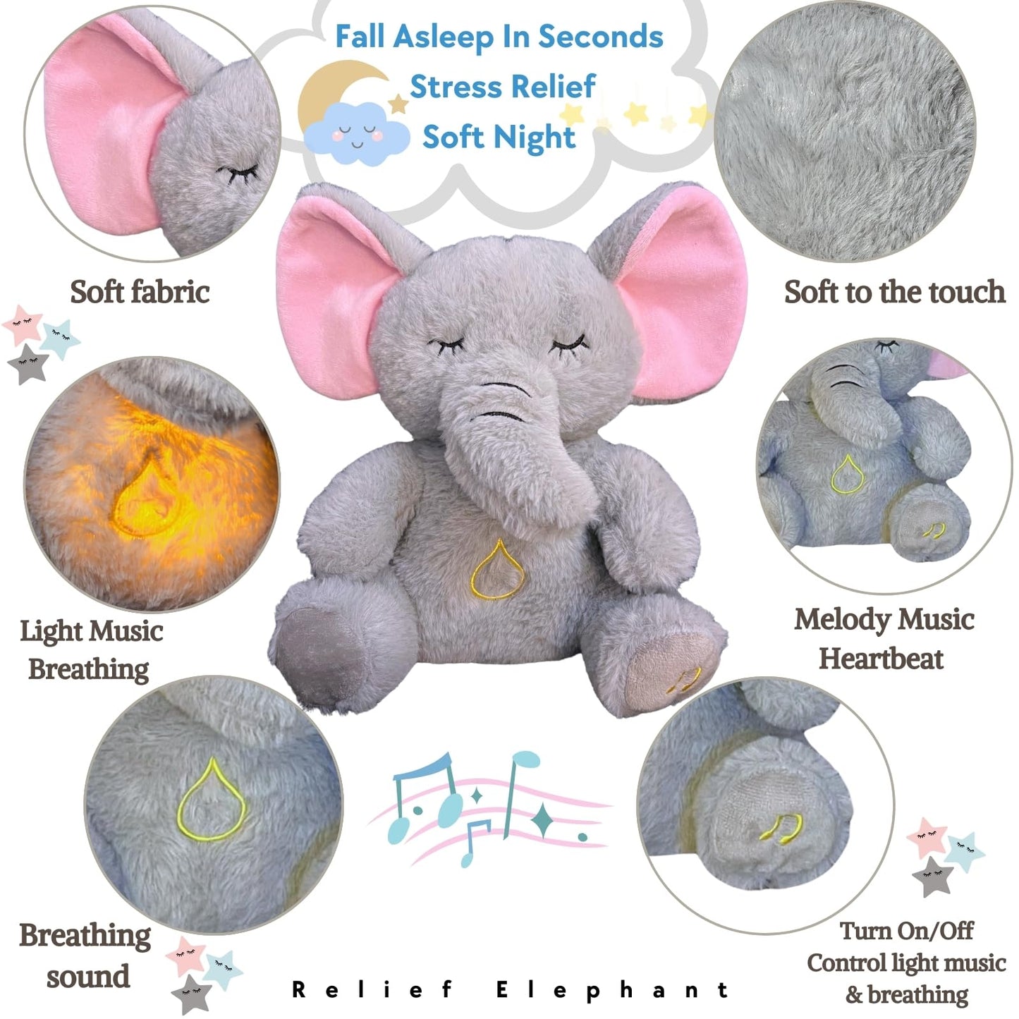 JULIDREAM Anxiety Relief Koala Elephant, Breathing Teddy Anxiety Bear with Calming Music, Lights, Sleeping Otter Plush, Soothing Elephant for Adults & Kids, Stress Relief Stuffed Animal