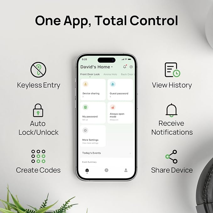 Anona Holo Wi-Fi Smart Lock with Keypad, Keyless Entry Deadbolt Door Lock with App Remote Control, AutoLock & Anomaly Detection, Non-Destructive Installation, Supports Alexa, Apple Home