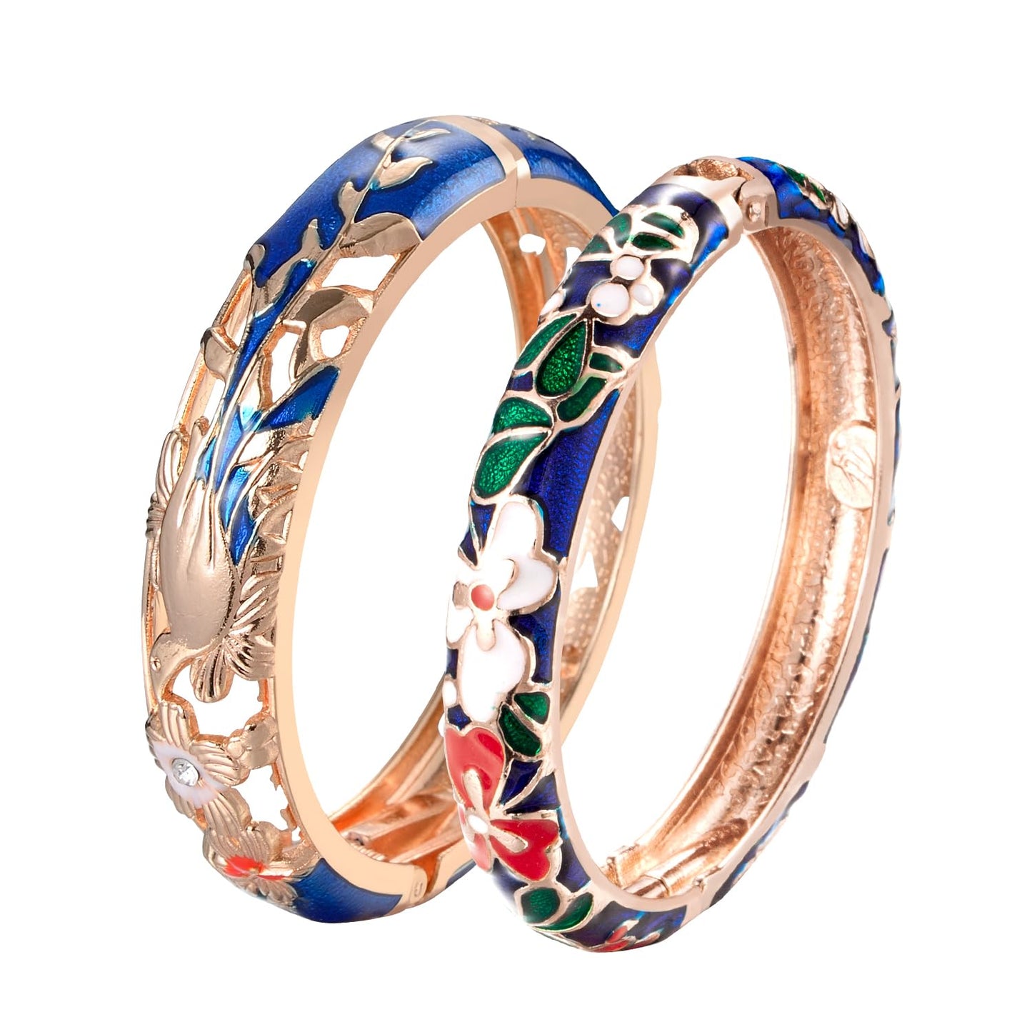 wynameleri Vintage Cloisonne Jewelry Gorgeous Rhinestone Handcrafted Bracelets Enamel Flower Bird Gold Hinged Cuff Bangles Gifts 88A31-55A100 Navy Blue