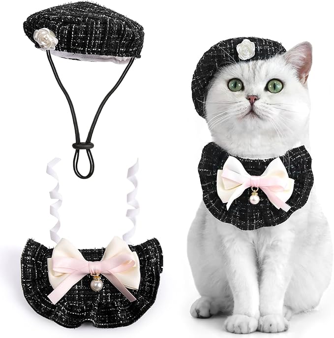 HOWWFALY Adorable Cat Princess Costume Blue Cat Beret with Little Heart & Lace Rabbit Bib Scarf Set, Adjustable Pet Costume for Halloween Christmas Birthday Parties