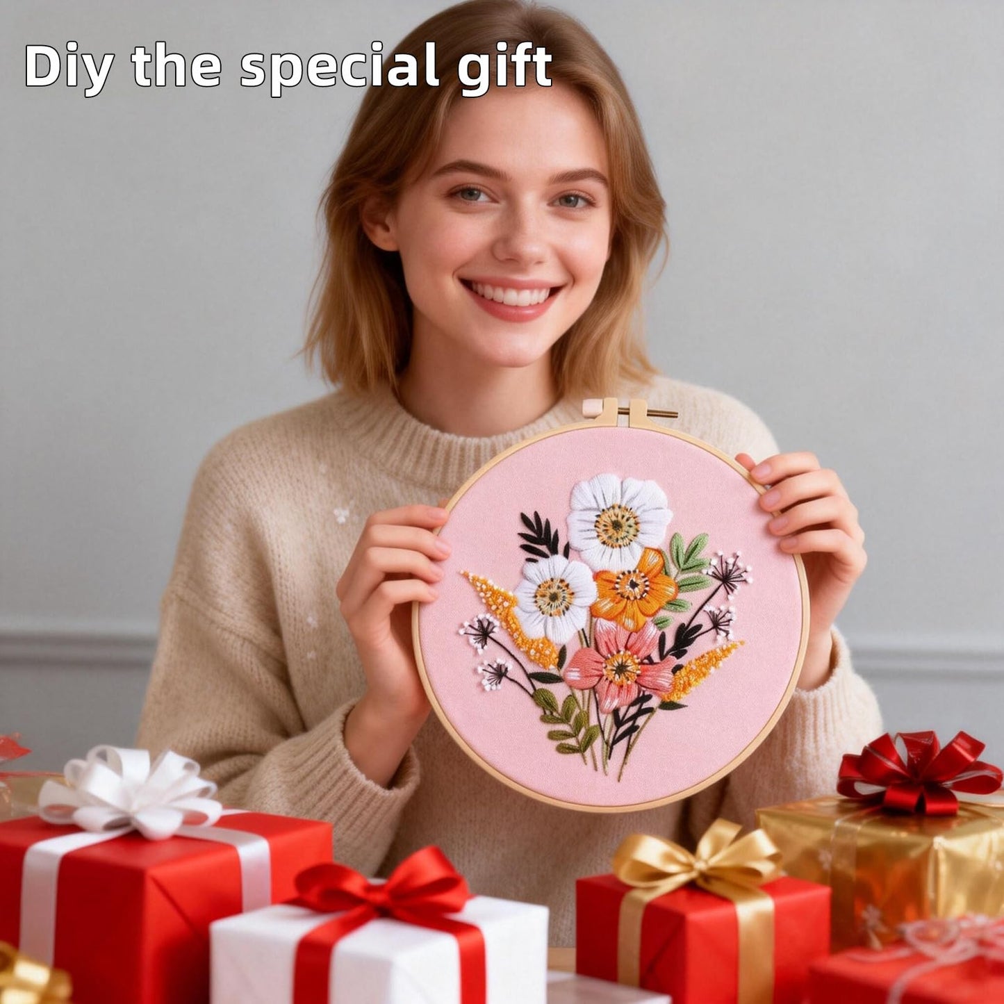 Herdiese 3PCS Embroidery Kit for Beginners with Floral Patterns – Cross Stitch Kits for Adults Including Hoop, Pre-Printed Fabrics, Threads, 9 Needles & Scissors – Easy Instructions