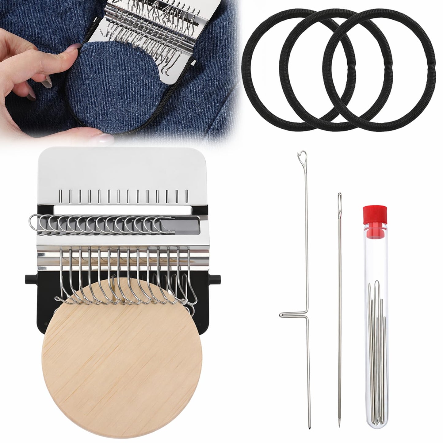 FdcZeyxior Knitting Loom Kit, Mini Darning Loom for Beginners, 14 Hooks Portable Weaving Tool Set for Jeans, Socks & Clothes Repair