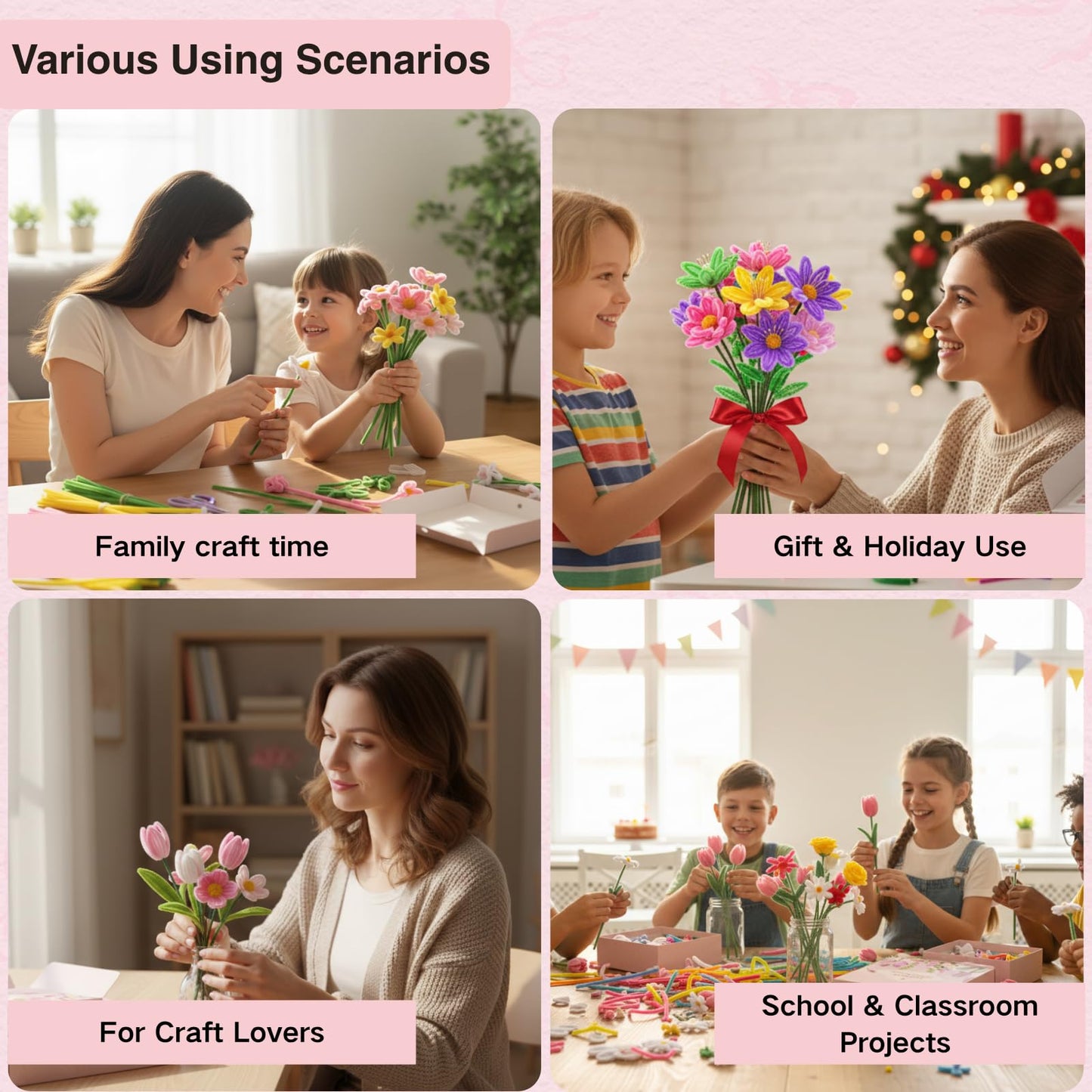 Xokpait 500pcs Pipe Cleaners Flowers Kit,Chenille Stems for DIY Flower Making Kit,Pipe Cleaners Projects Creative for DIY Art and Craft,Ideal for Holiday Decoration(Pink)