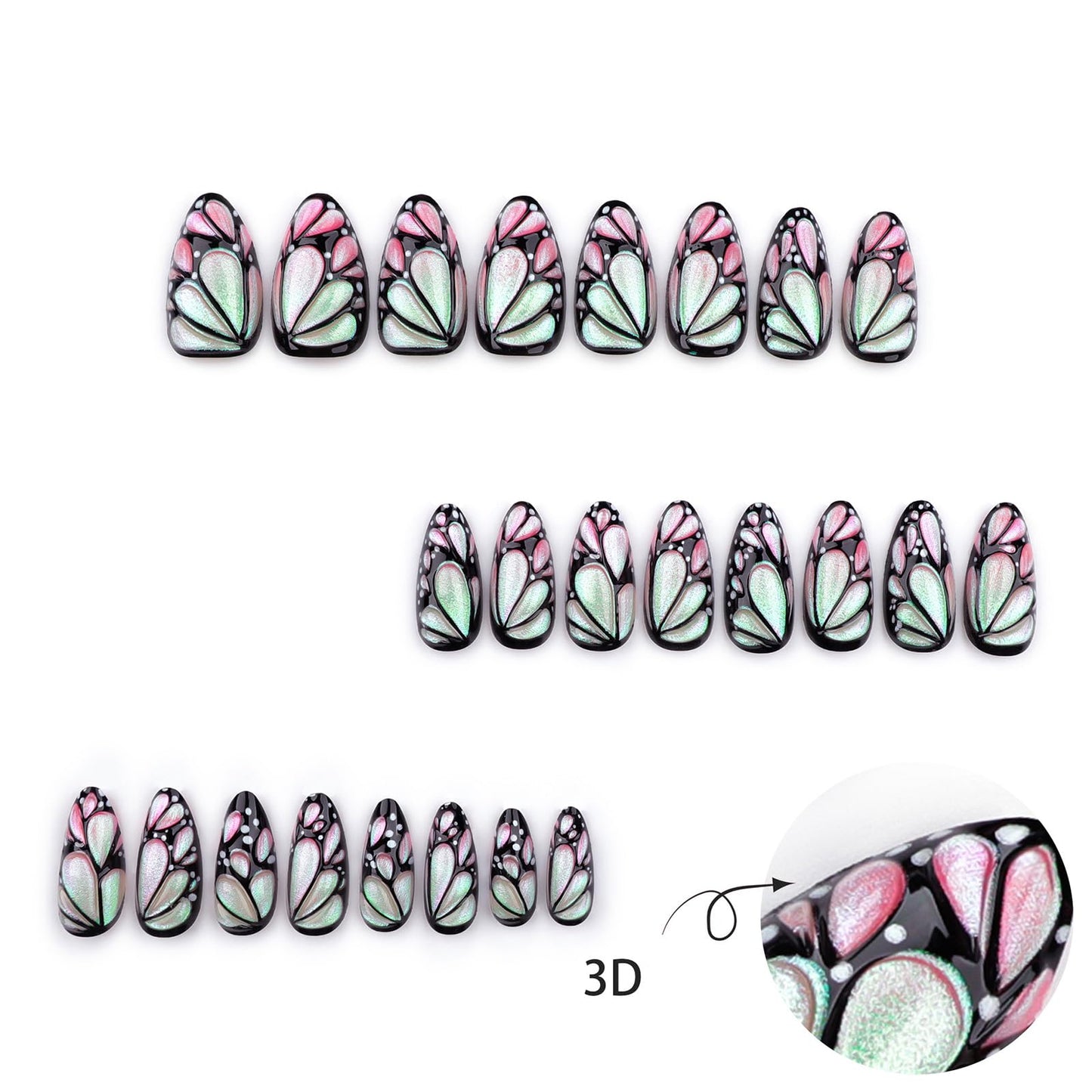 Butterfly Wing Press on Nails 3D Butterfly Wing Stick on Nails Black Curve Line Acrylic Fake Medium Almond Nails 24 Pcs Glossy Multicolor Glitter False Nails Wing Gel Glue on Nails for Women Girls