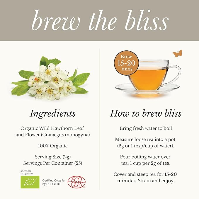 Wild Bliss Organic Hawthorn Loose Leaf and Flower Tea - Caffeine Free Heart Health Herbal Support - 1.76 Oz - 25 Servings