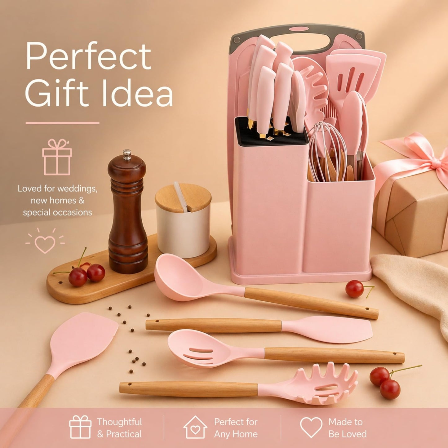 19-Piece Pink Kitchen Set for First Apartment - Complete Silicone Cooking Utensils with Wooden Handles, Pink Knife Set, Cutting Board & Holder - All-in-One Kitchen Starter Kit for New Home, BPA-Free