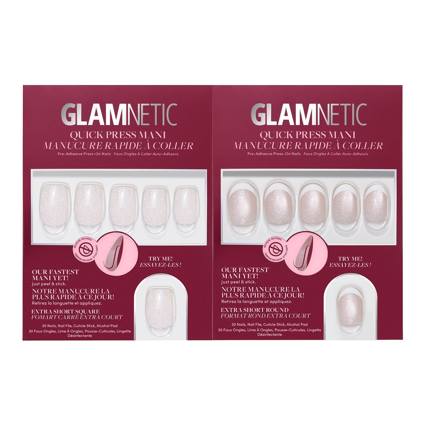 Glamnetic Quick Press Mani Bundle - No Glue Press On Nails, Just Peel and Stick | Daydream Veil & Velvet French | Mess Free Salon Quality Stick On Nails | Square & Round Extra Short Nails