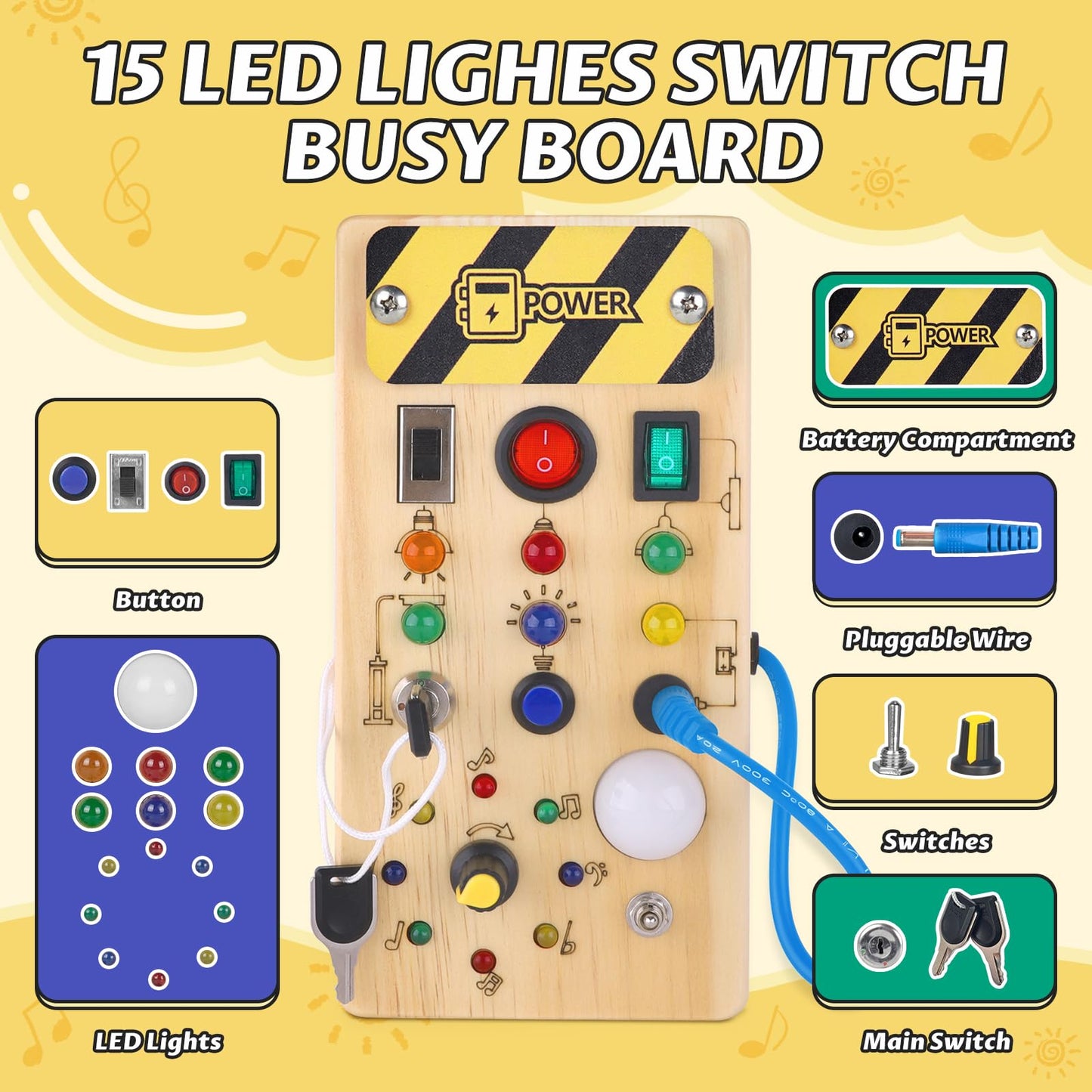 Sumsoltic Montessori Busy Board for 1-3 Toddlers | LED Light, Sensory Learning Toy