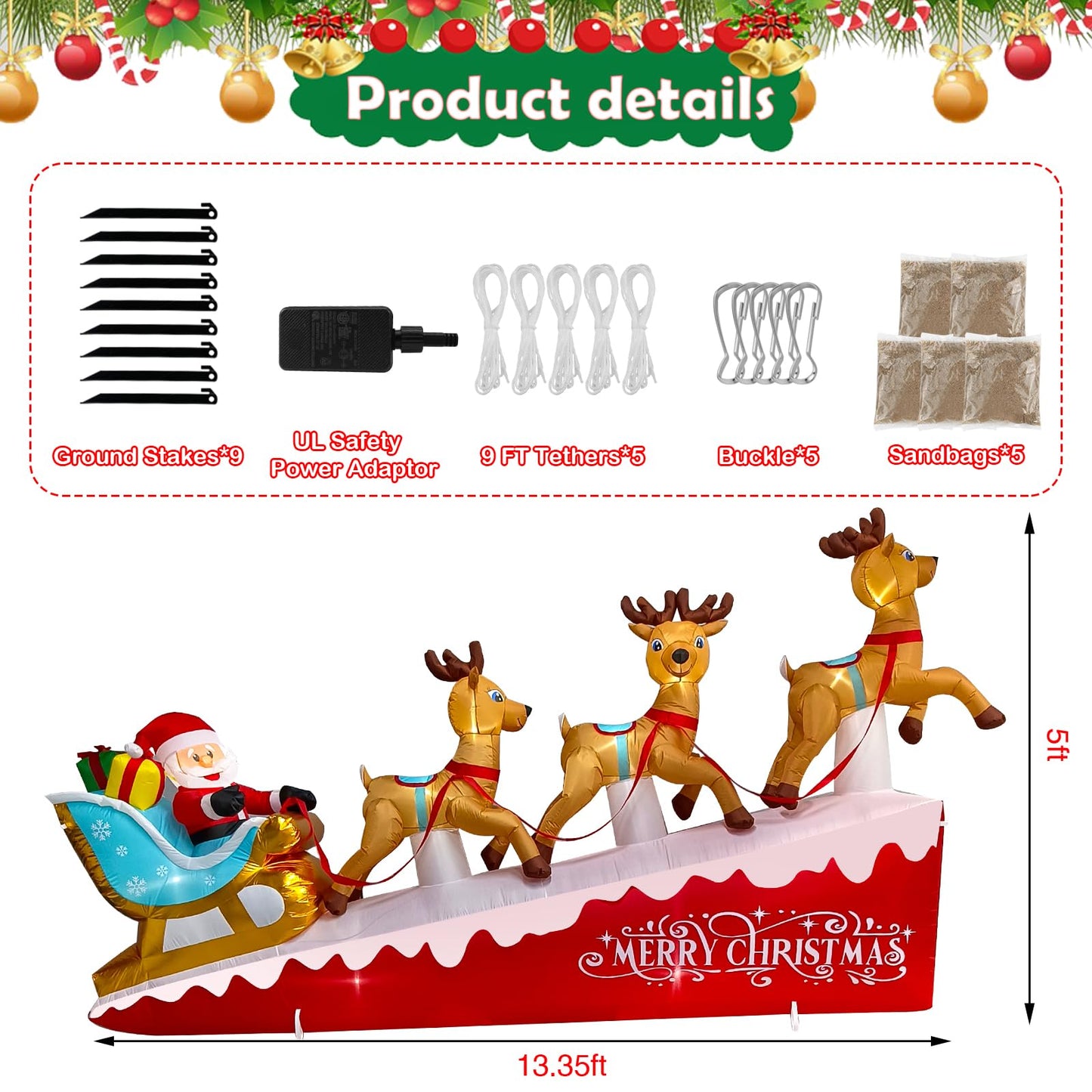 Hazms 13.3 FT Christmas Inflatables Santa Claus on Sleigh with Three Reindeer & Gift Box Outdoor Yard Decorations LED Lights Inflatable Christmas Decoration,Lawn, Garden