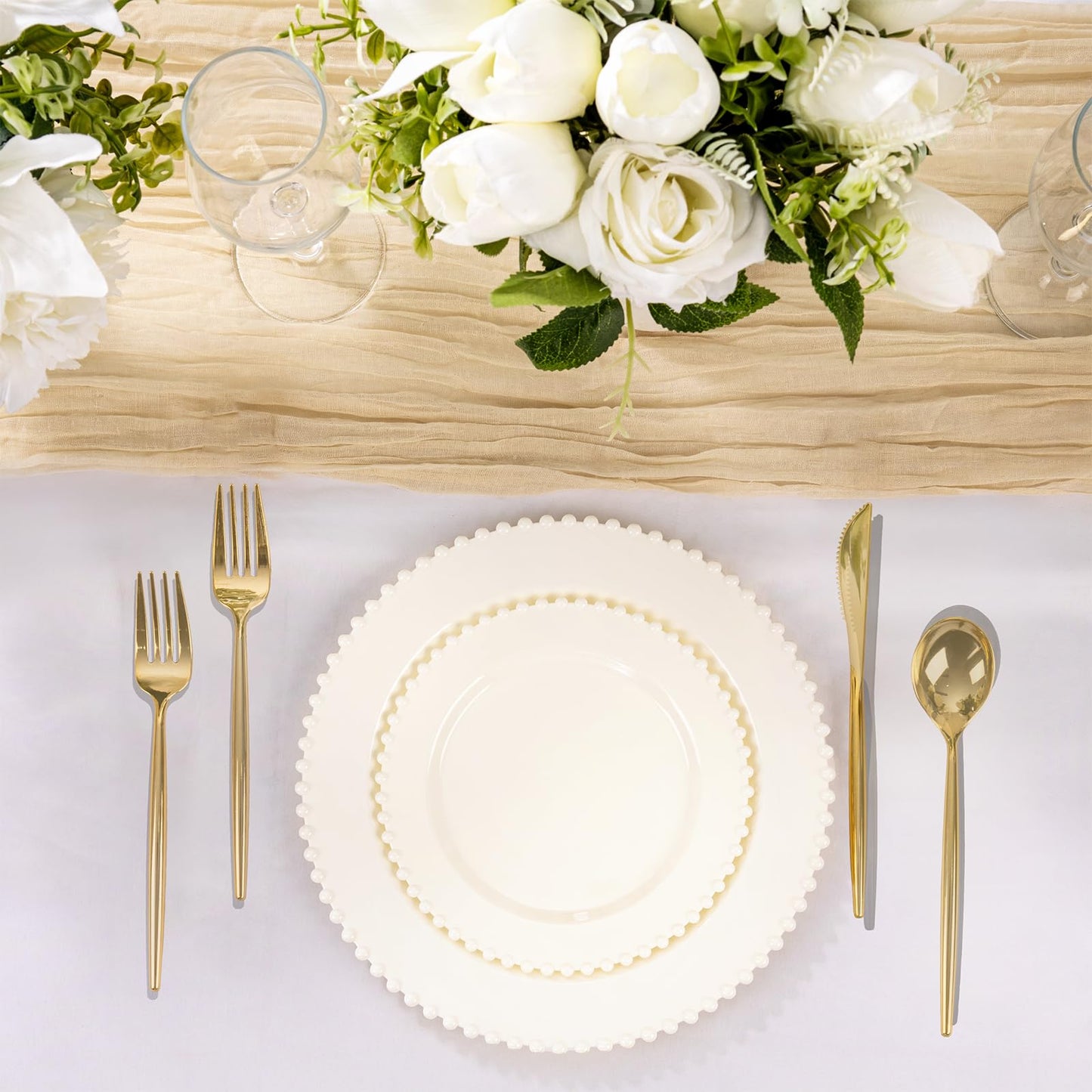 U-QE 60PCS Ivory Plastic Plates - Beaded Ivory Plates Disposable Heavy Duty - Perfect for Party, Baby Shower, Wedding, Birthday - Include 30PCS 10inch Dinner Plate & 30PCS 7inch Dessert Plate
