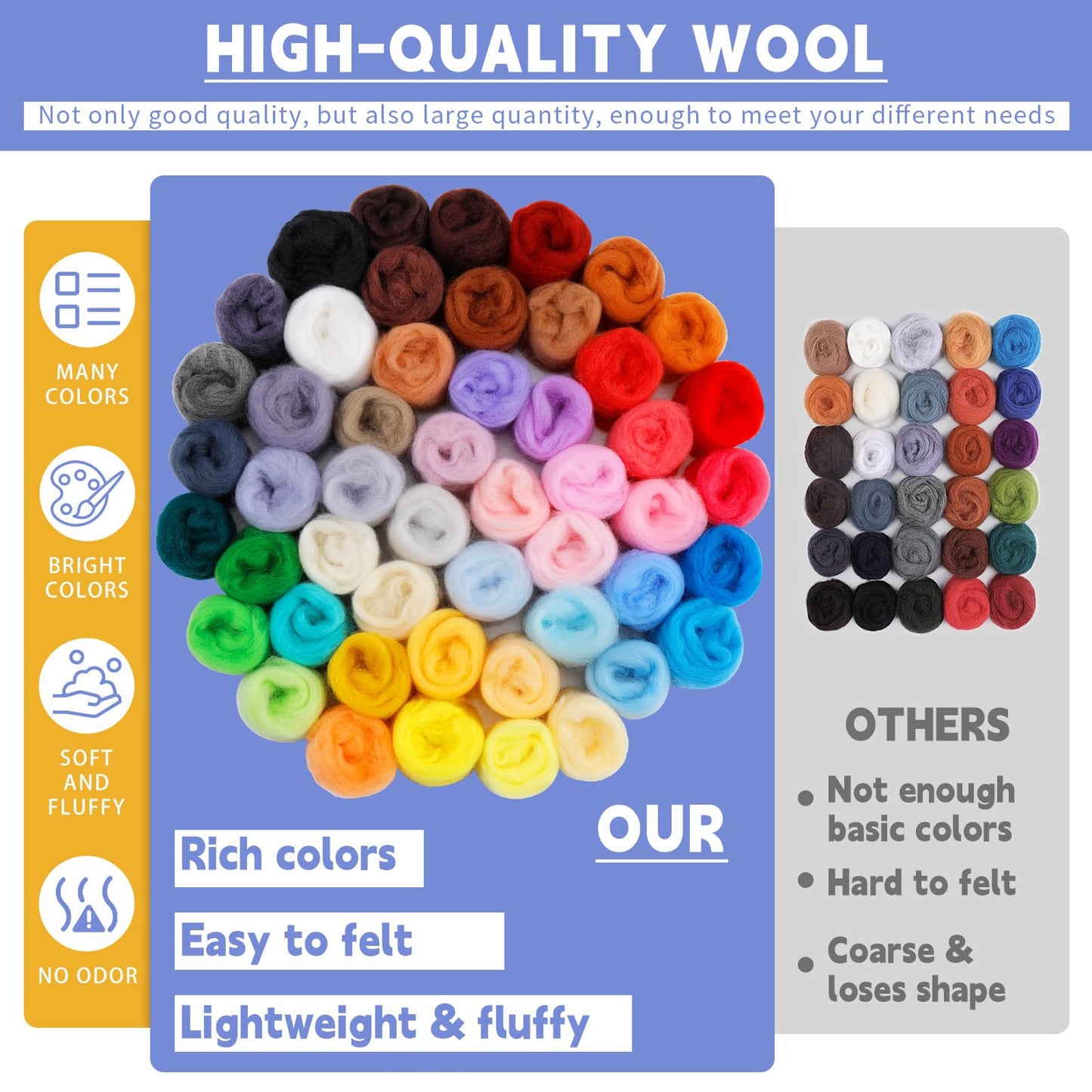 IMZAY 50 Colors 5.4 Oz Needle Felting Wool, 3g/Pack Wool Roving Yarn for Beginners, Fiber Wool Roving for DIY Hand Spinning, Felting Crafts, Needle Felt Roving DIY Craft, Black/White 5g Each