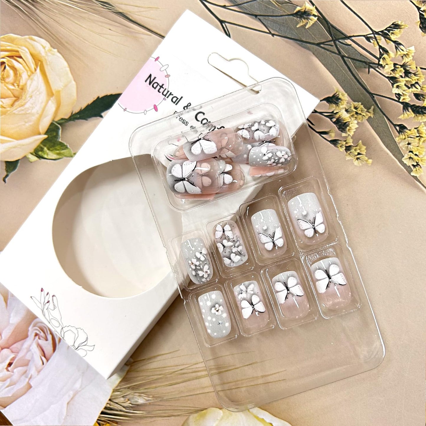 Butterfly 3d Press on Nails Short Square Nails Nude Pink Gradient False Nails Press Nails with Rhinestones Design Acrylic Nails Full Cover Artificial Coffin Nails Acrylic Stick on Nails for Women
