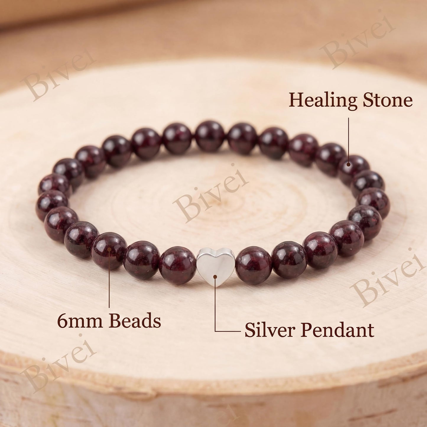 Bivei 6mm Garnet Crystal Stretch Bracelets for Women, Handmade Natural Stone Beaded Bracelet, Yoga Protection Jewelry Gift
