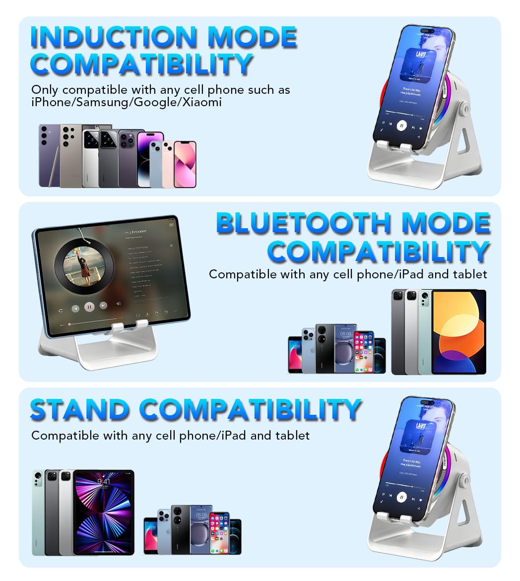 NIIFAWH Bluetooth Speaker, 4-in-1 Wireless Induction Speaker & RGB Light Stand Multi-Functional Phone Stand Instant-Connect Stereo Sound, 360° Adjustable Holder for iPhone/Android/iPad/Samsung (Weiß)