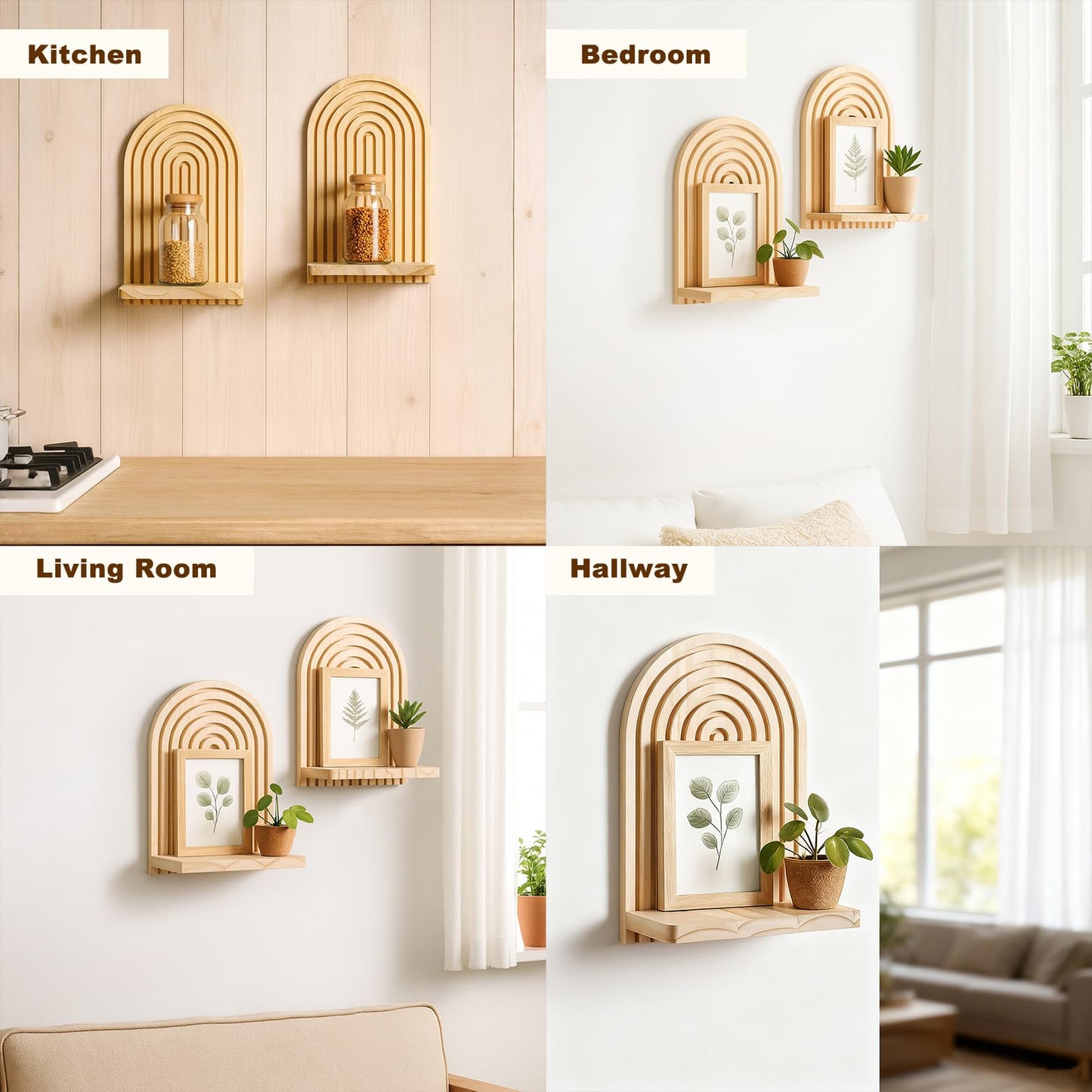Artilady 2 Pack Boho Wood Wall Hanging Shelf - Handmade Rainbow Arch Floating Shelves Trinket Storage Rack Modern Wall Decor for Bedroom Living Room Nursery Bathroom