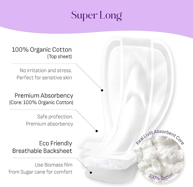 Super Long Overnight Pads - 100% Organic Cotton from Texas, Heavy Absorbency, Powerful Leak Protection, Unscented, Extra Long Length (10 Count)