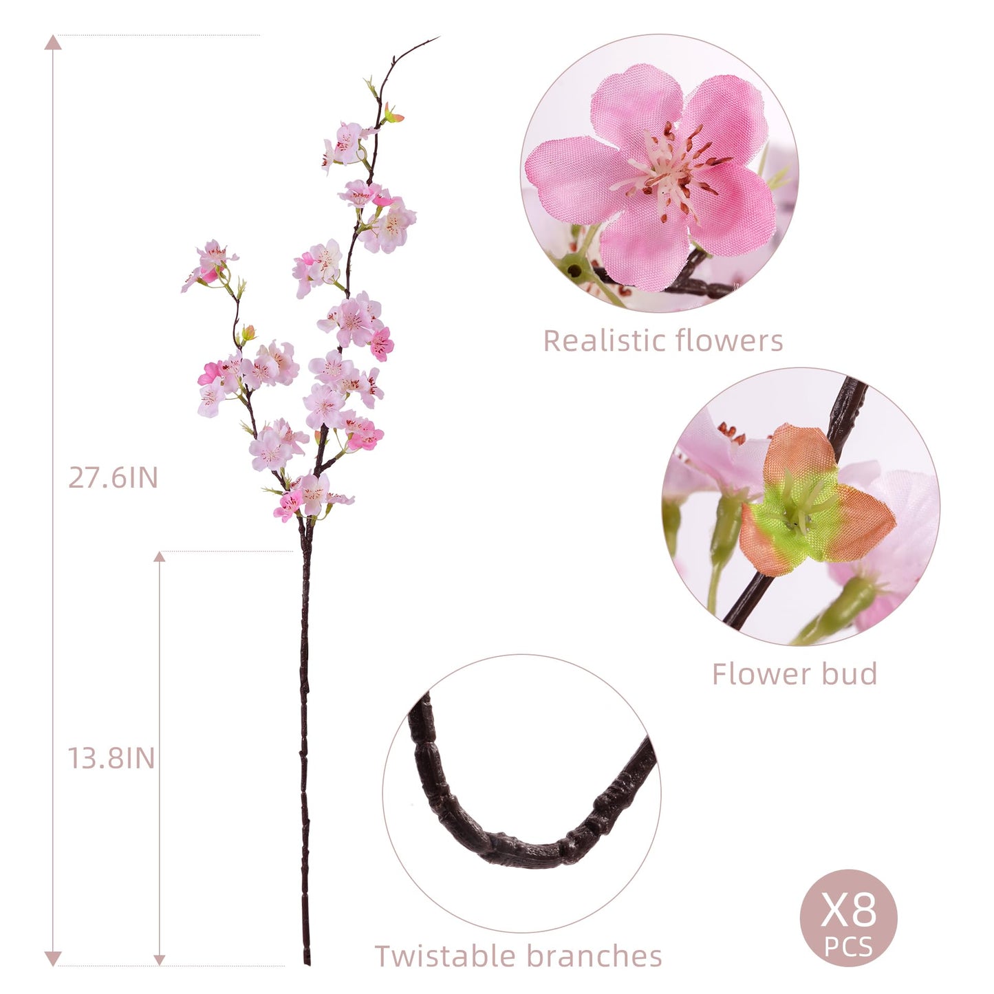 ENALGRE Artificial Cherry Blossom Branches 27.6In Silk Cherry Blossom Branches Long Stem Artificial Flowers for Tall Vase, for Home Decor, Weddings Decor, Parties & Festival Gifts 8PCS ，Pinkish White
